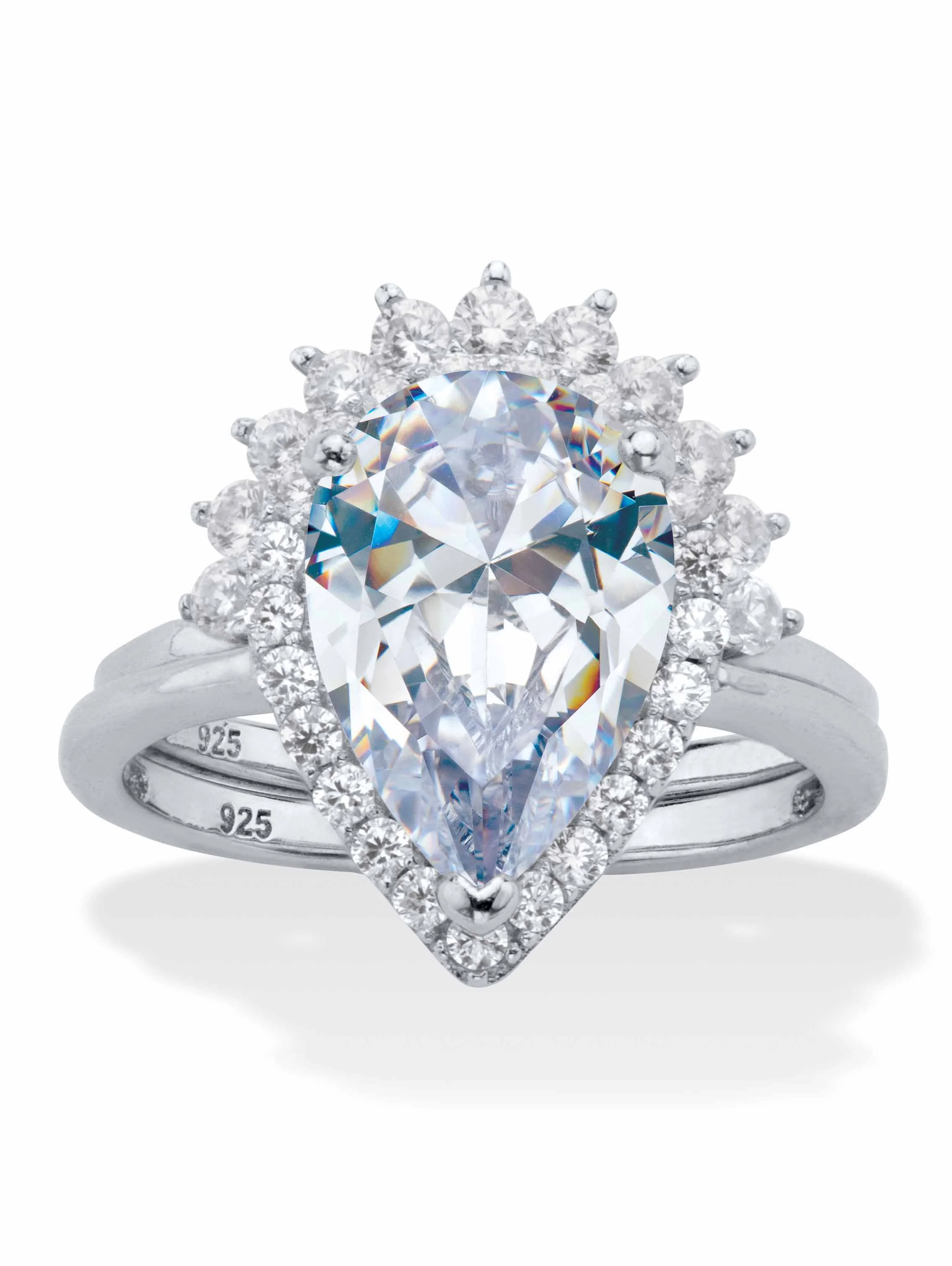PalmBeach Jewelry Pear-Cut Blue or White Cubic Zirconia 2-Piece Halo Bridal Ring Set 4.82 TCW Platinum-Plated Sterling Silver