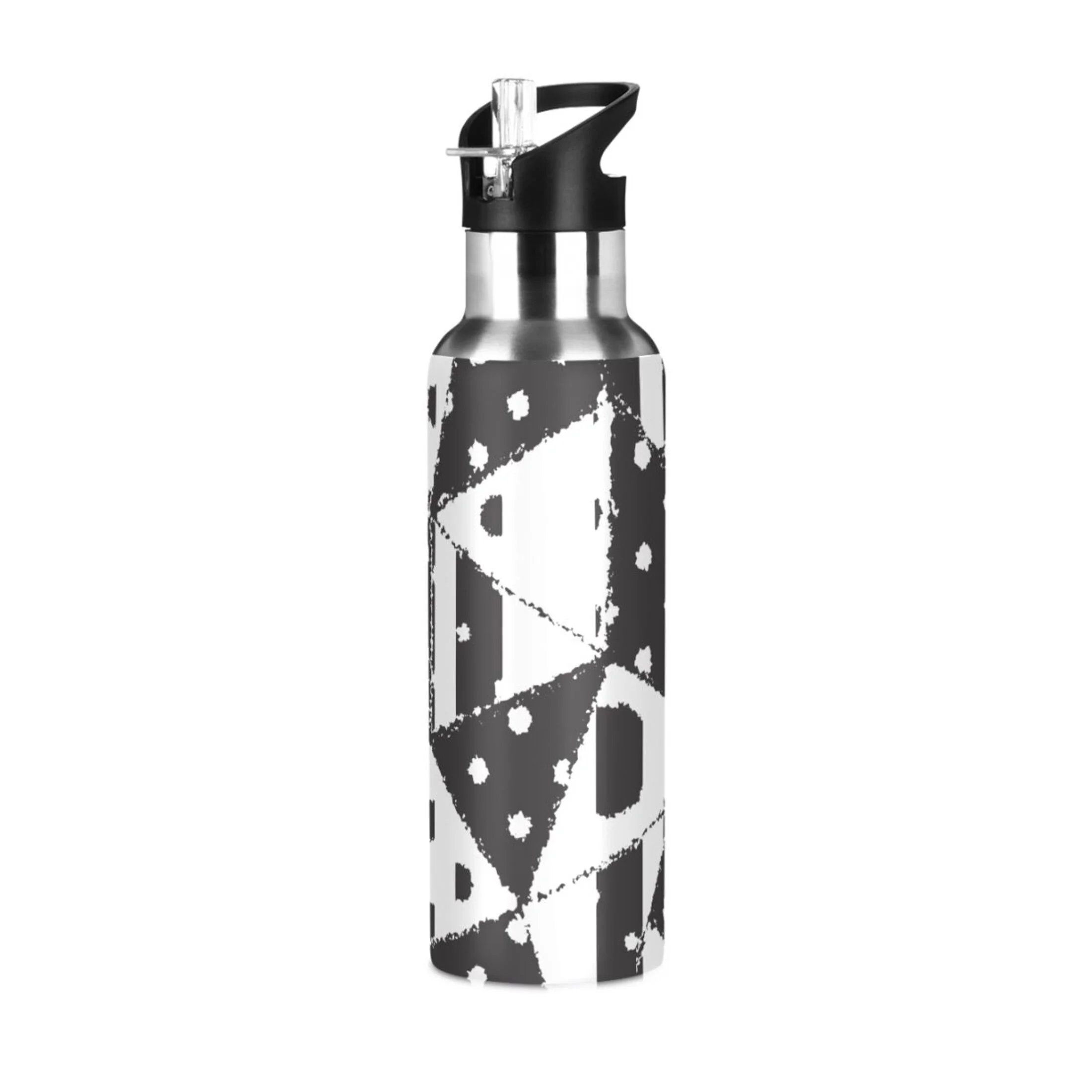 Stainless Steel Water Bottle Polka Dots Patchwork Mosaic on Retro Style Stripes with Straw Lid Vacuum Insulated Leak Proof Flask Jug for Gym Travel Sports Cycling Outdoor 20 OZ