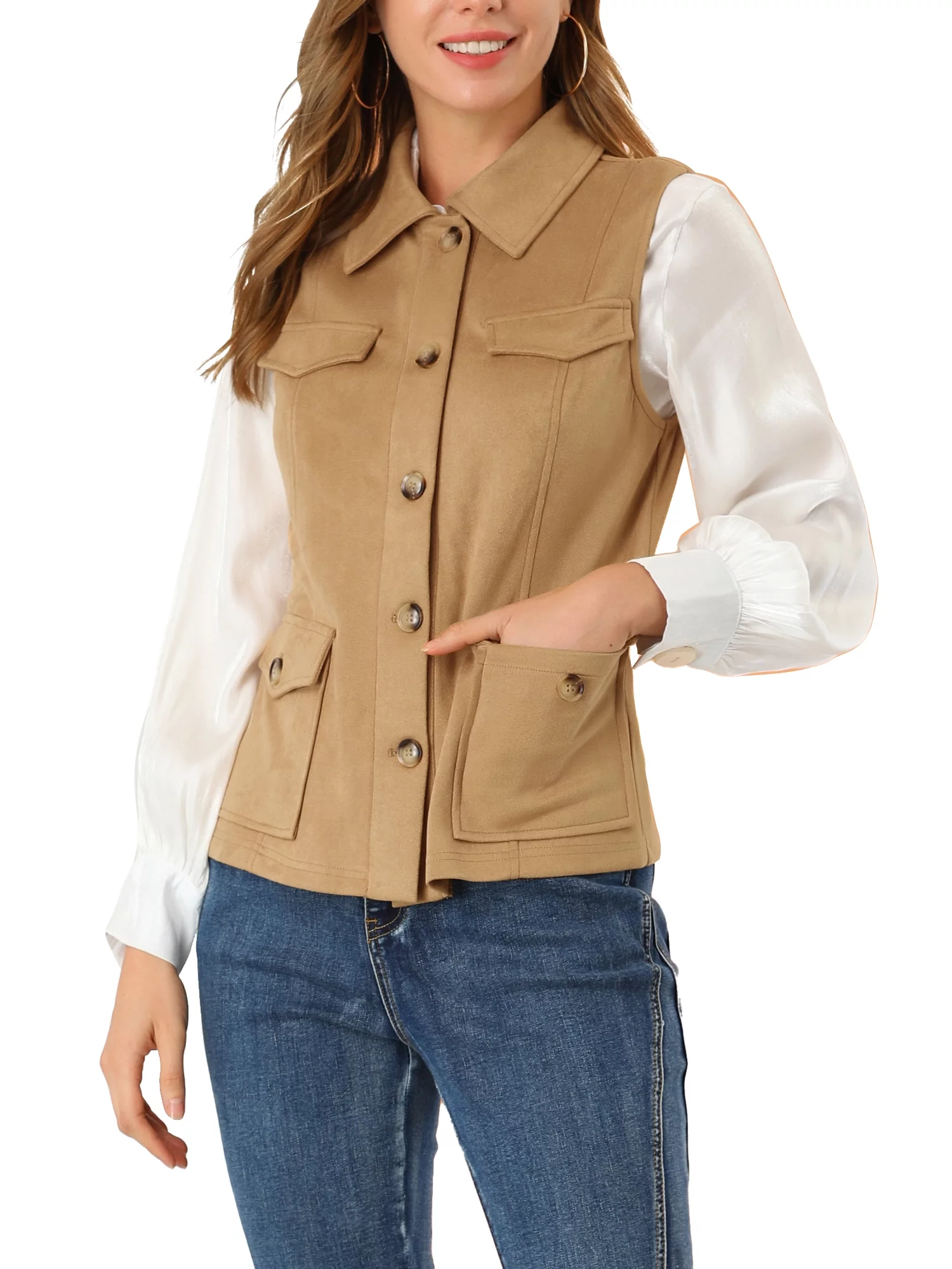 Allegra K Women's Rustic Sleeveless Jacket Button Up Faux Suede Utility Anorak Cargo Vest