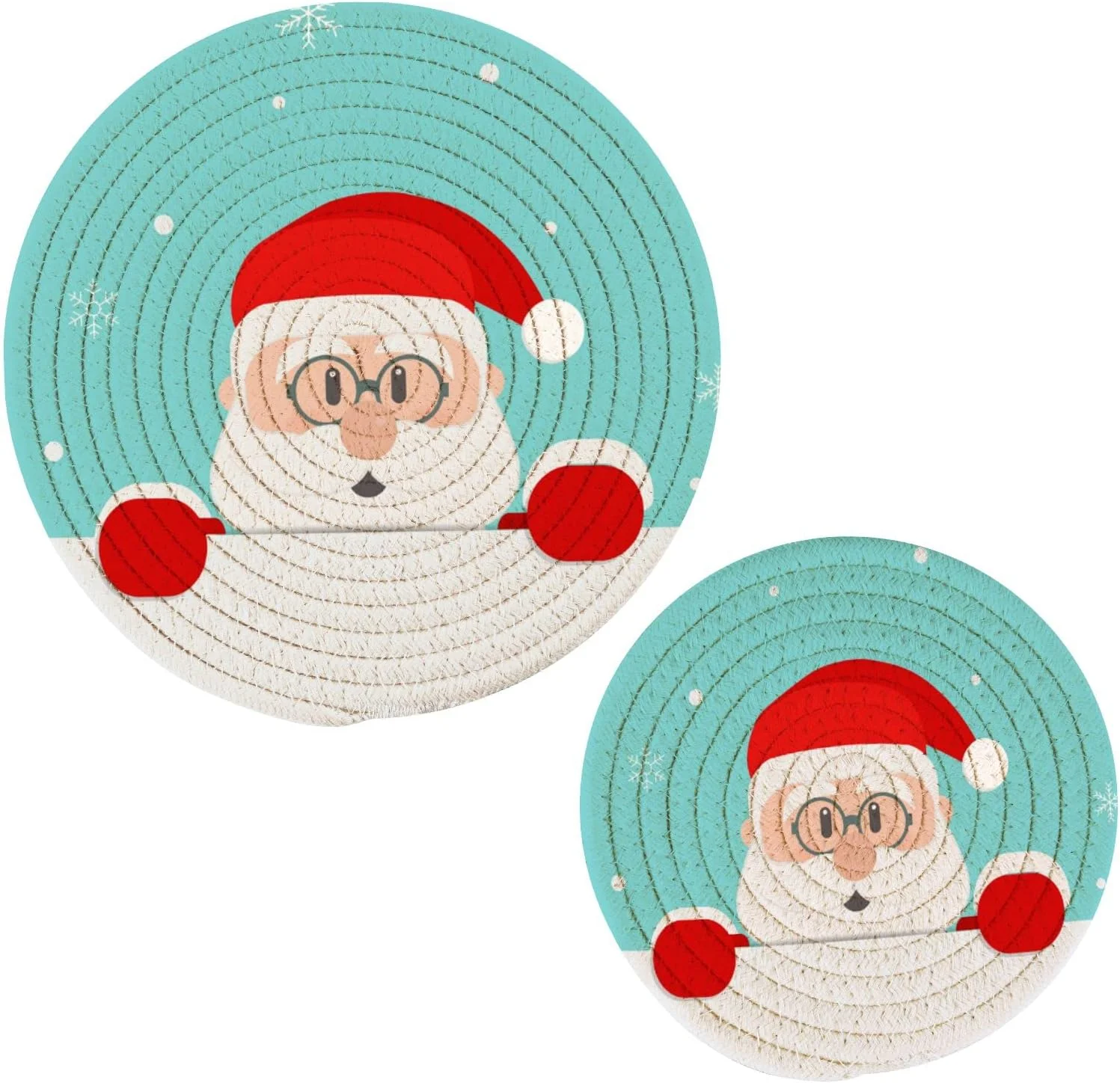 GZHJMY Santa Clauschristmas Snowflake Heat Resistant Trivets Potholders 2PCS, Round Cotton Weave Handmade Pot Holder, Non-Slip Hot Mats Kitchen Dining Plate Mat5 for Kitchen Pans Bowl Teapot