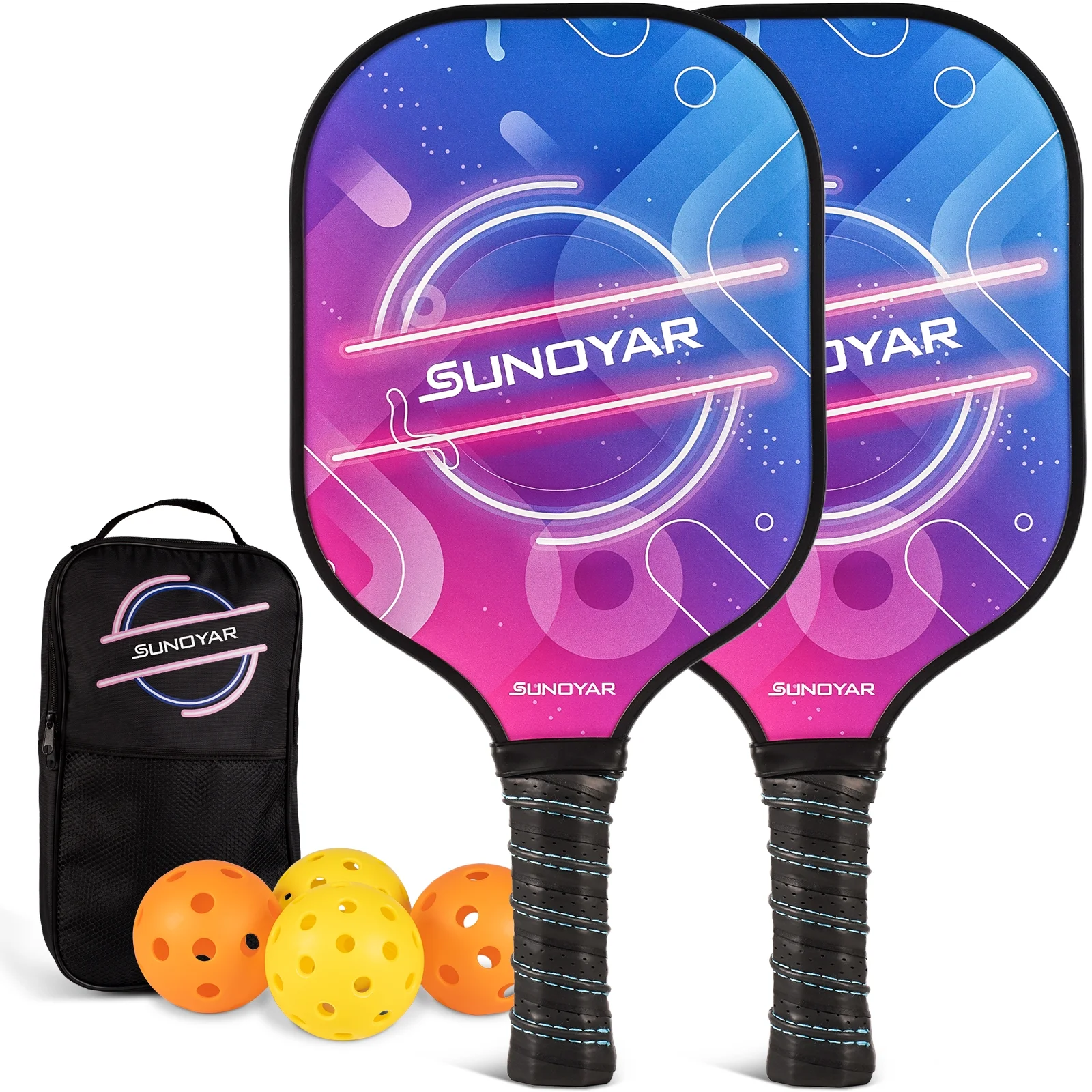 SUNOYAR Pickleball Paddles Set, Fiberglass Surface with Polypropylene Core Pickleball Rackets Set, Pickleball Paddles Set with 2 Rackets, 4 Balls and 1 Bag