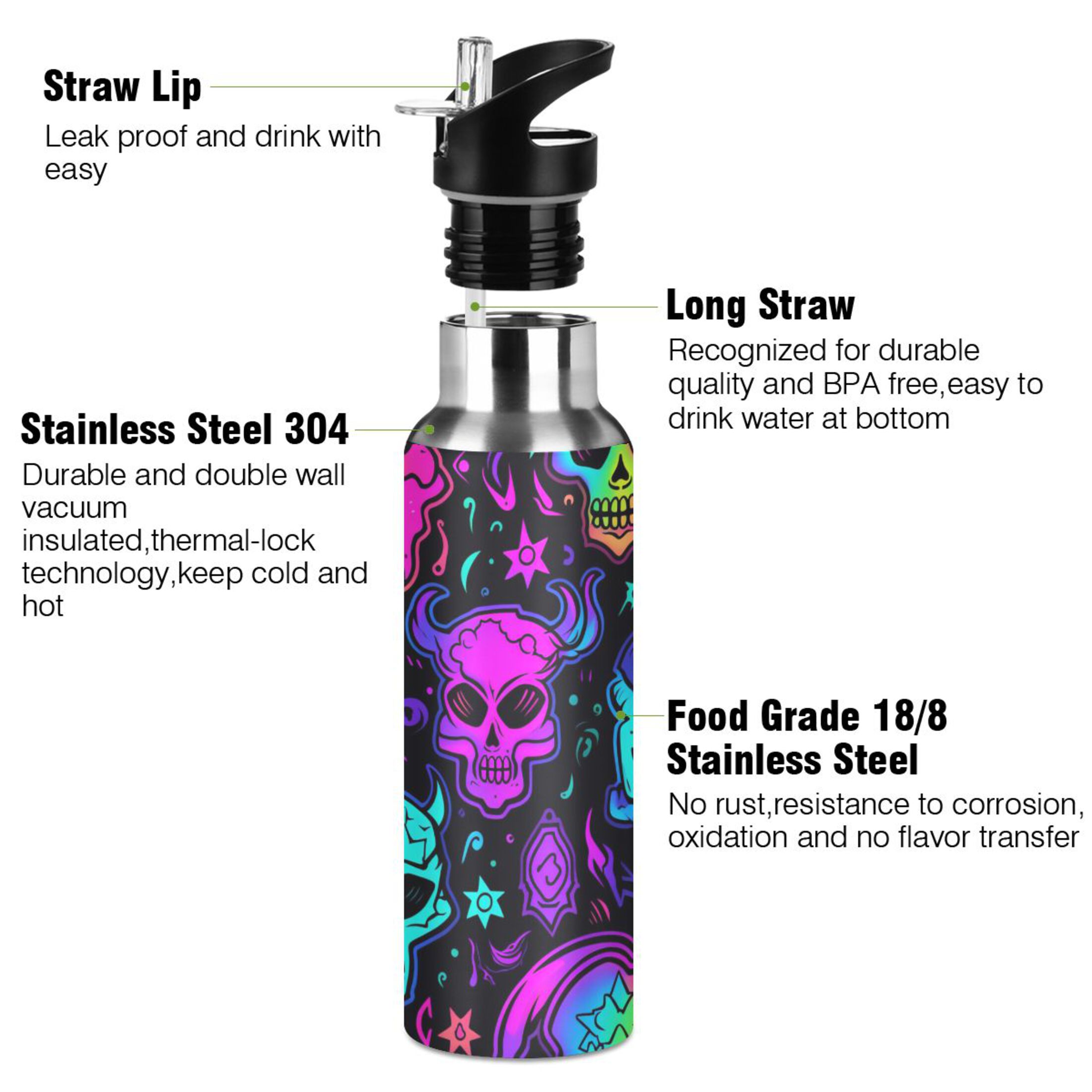 Skeleton Magical Bohomia Devil Water Bottles Insulated Thermos Kids Stainless Steel Bottle with Straw Lid Flask Leakproof for Sports Gym 20 oz