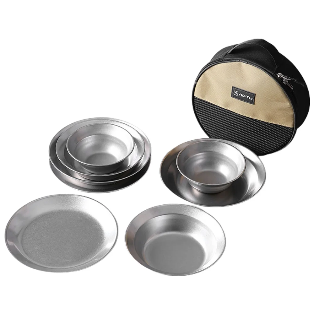 AOTU Reusable Stainless Steel Plates and Bowls 8pcs Camping Tableware Sets for Camping