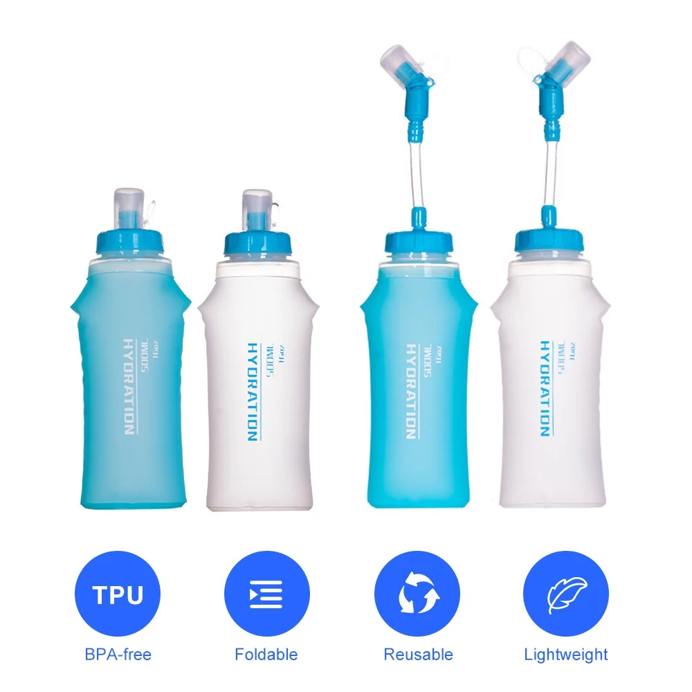 2pcs 500ml TPU Soft Flask Collapsible Sports Water Bottle for Hydration Pack for Running Hiking Cycling Climbing Jogging Marathon