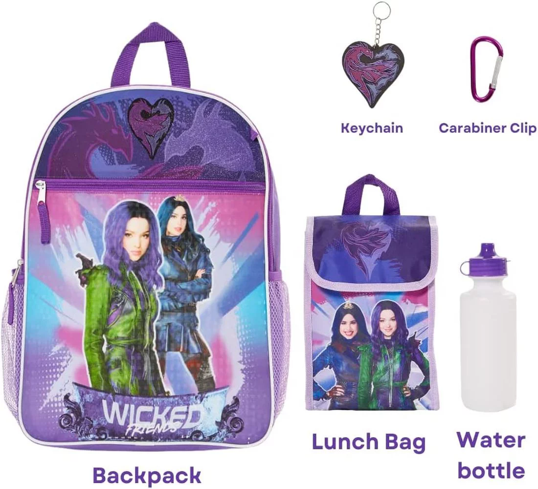 Disney Descendants Girls Backpack with Lunch Bag Water Bottle 5 Piece Set 16 inch