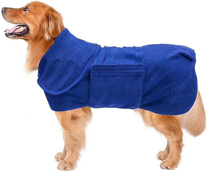 Dog Drying Coat Dressing Gown Towel Robe pet Microfibre Super Absorbent Anxiety Relief Designed Puppy fit for xs Small Medium Large Dogs - Blue - S