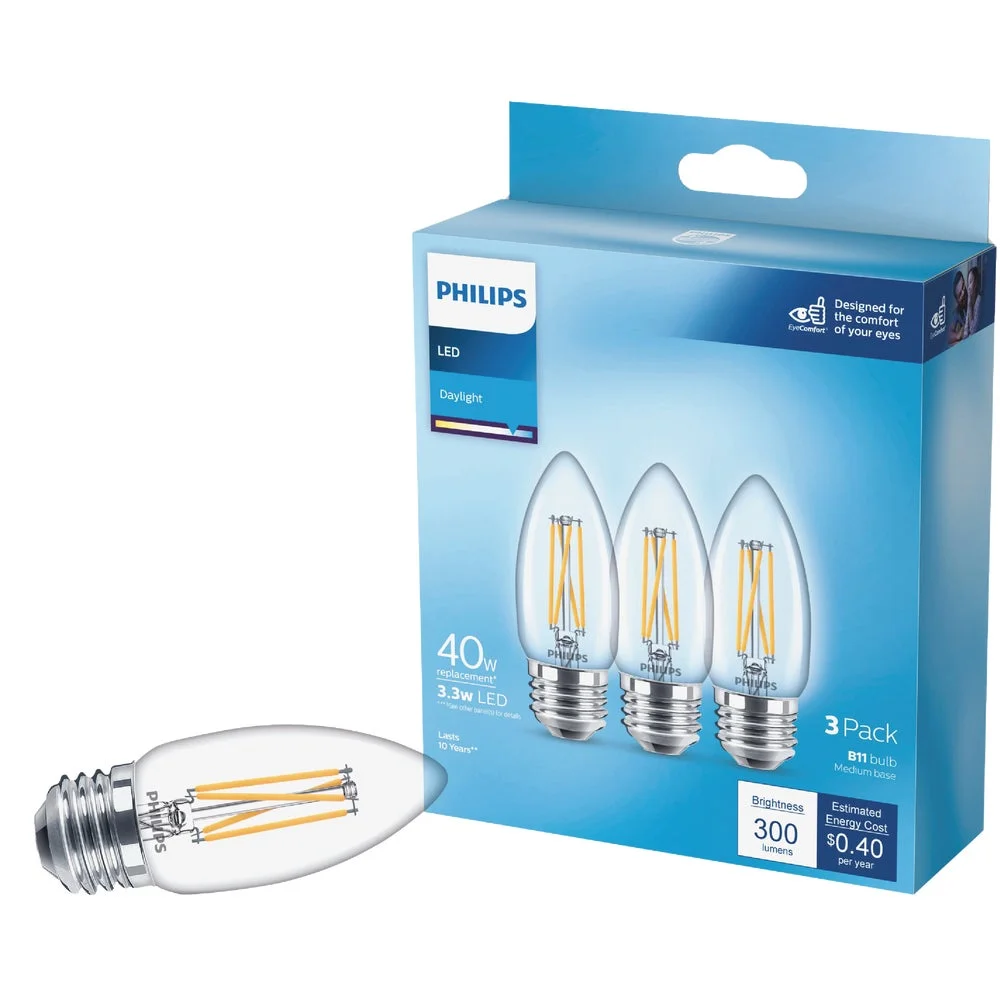 1 PK, Philips 40W Equivalent Daylight B11 Medium Clear LED Decorative Light Bulb (3-Pack)