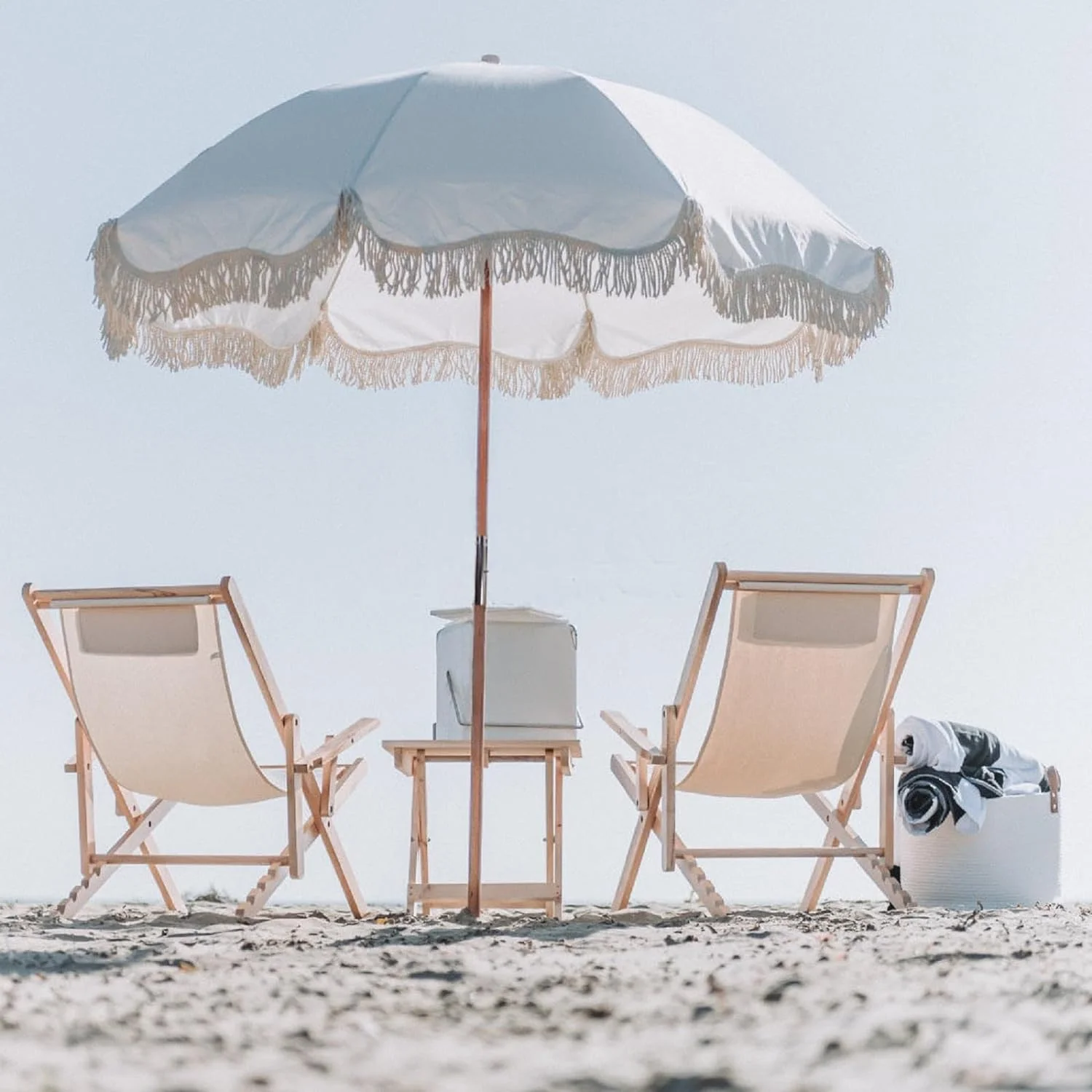 AMMSUN 6.5ft Boho Fringe Beach Umbrella with Tassel Premium Wood Pole UPF50+ UV Protection,White