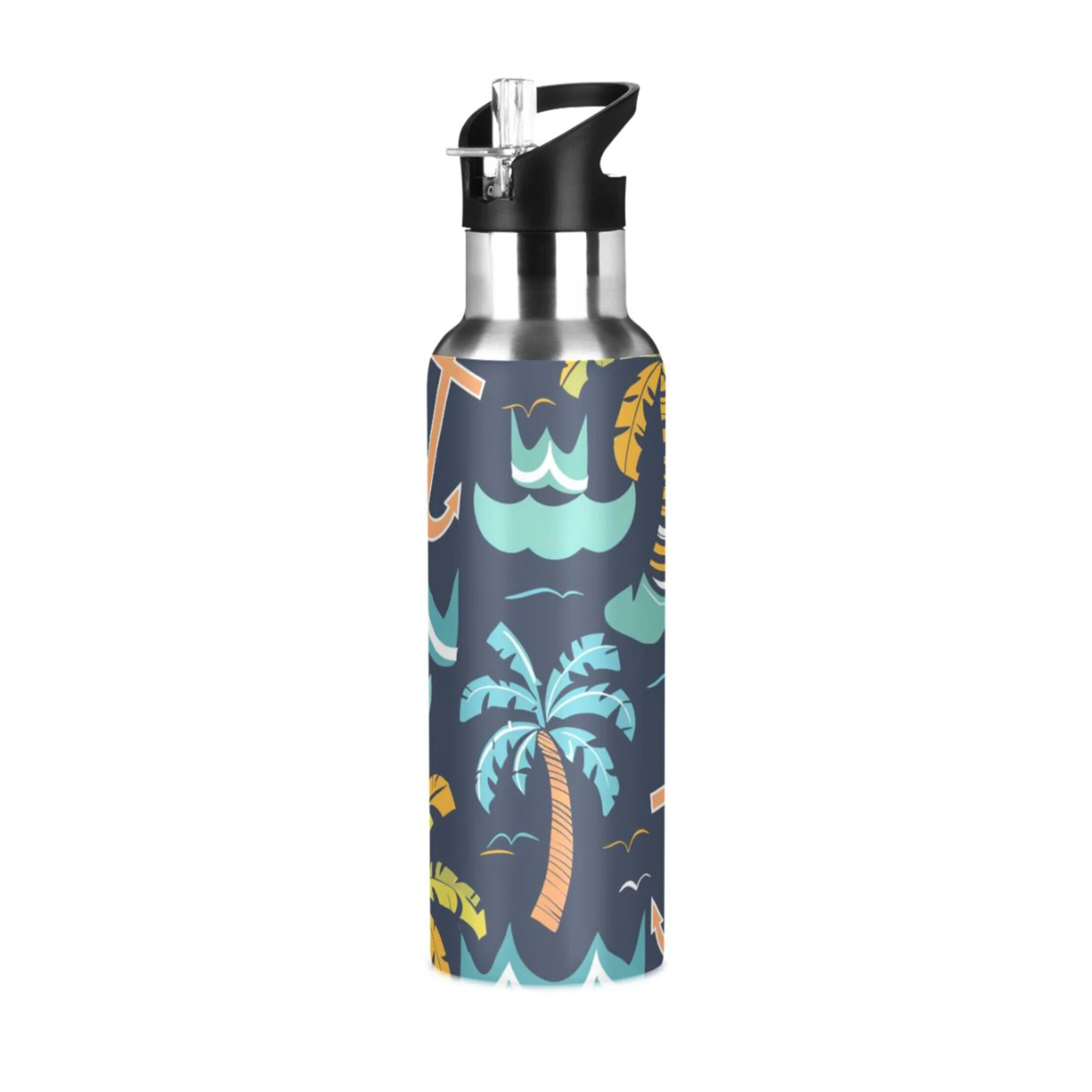 Retro Palm Trees and Spear Water Bottles Insulated Thermos Kids Stainless Steel Bottle with Straw Lid Flask Leakproof for Sports Gym 20 oz