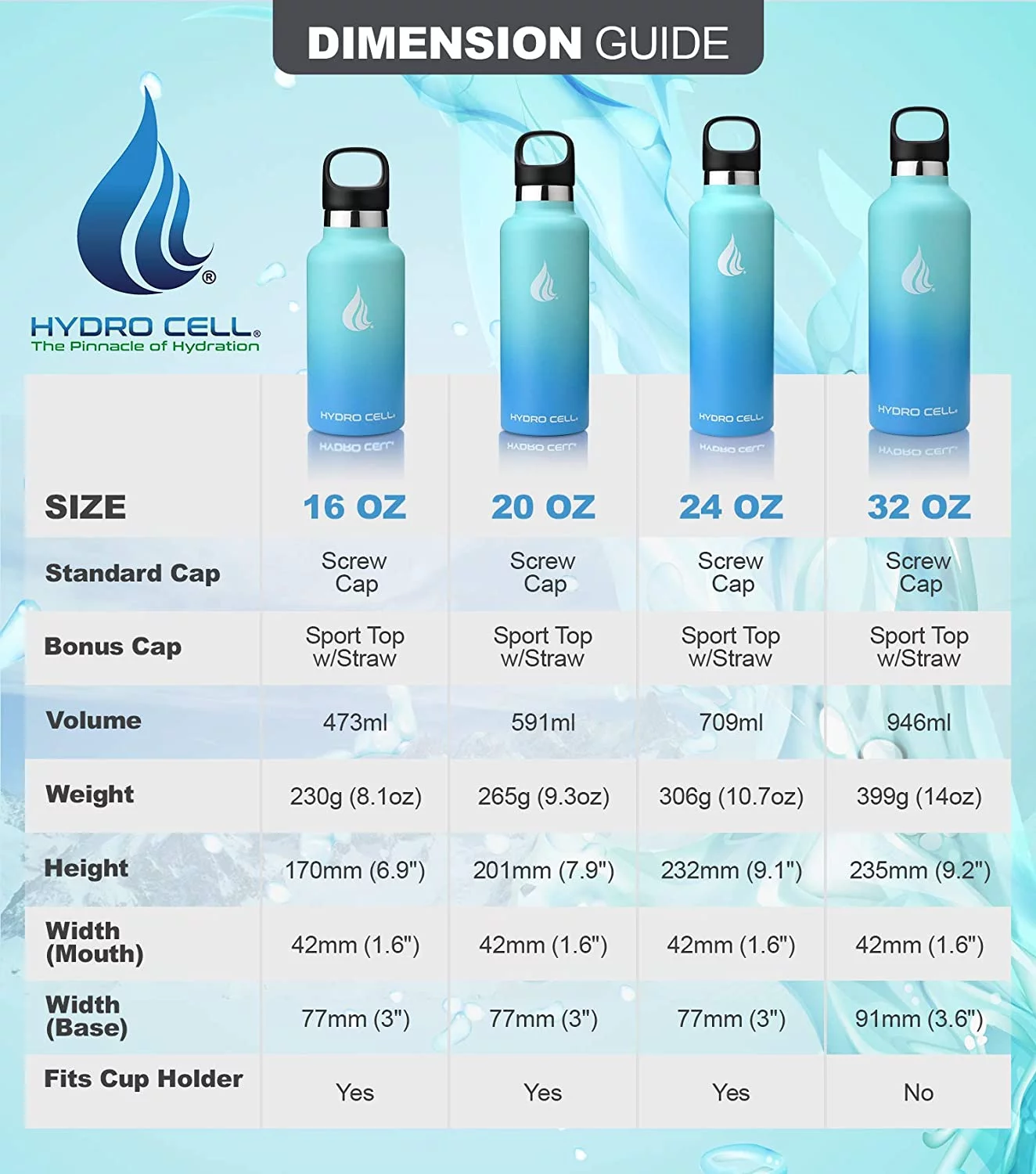 HYDRO CELL Stainless Steel Water Bottle w/Straw & Standard Mouth Lids