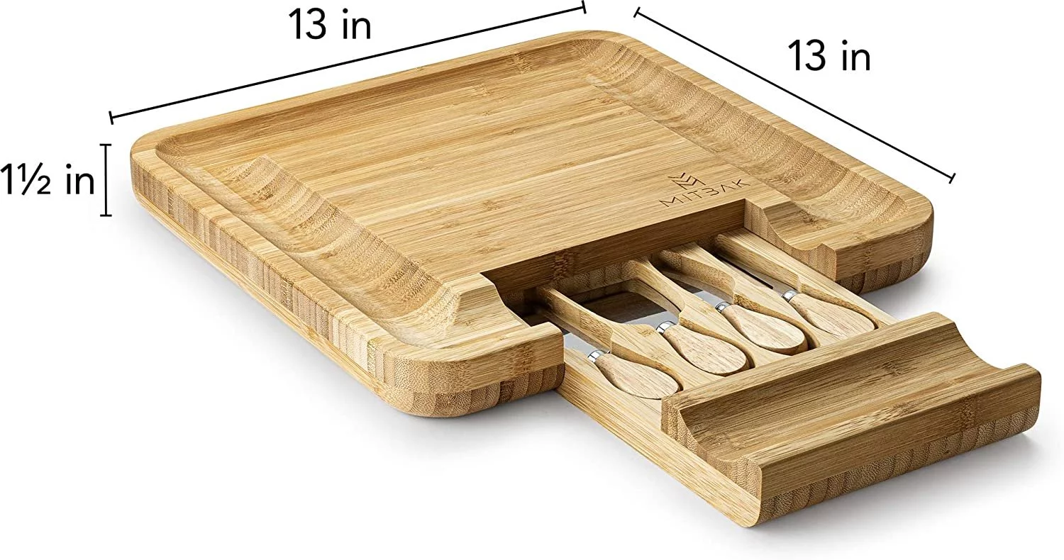 Mitbak Cheese Board Tray with 4 Cheese Knives | Bamboo Charcuterie Board Serving Tray | Cutting Board Platter Great Gift For Mothers Day, Anniversary, Bridal Shower, Wedding | 13 x 13 x 1 Inches