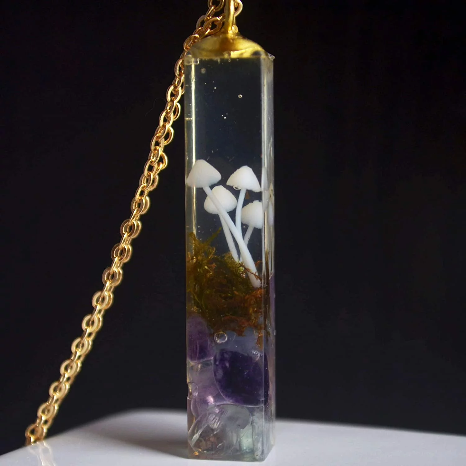 Mushroom necklace terrarium moss jewelry cube resin pendant gold plated mushroom handmade jewelry