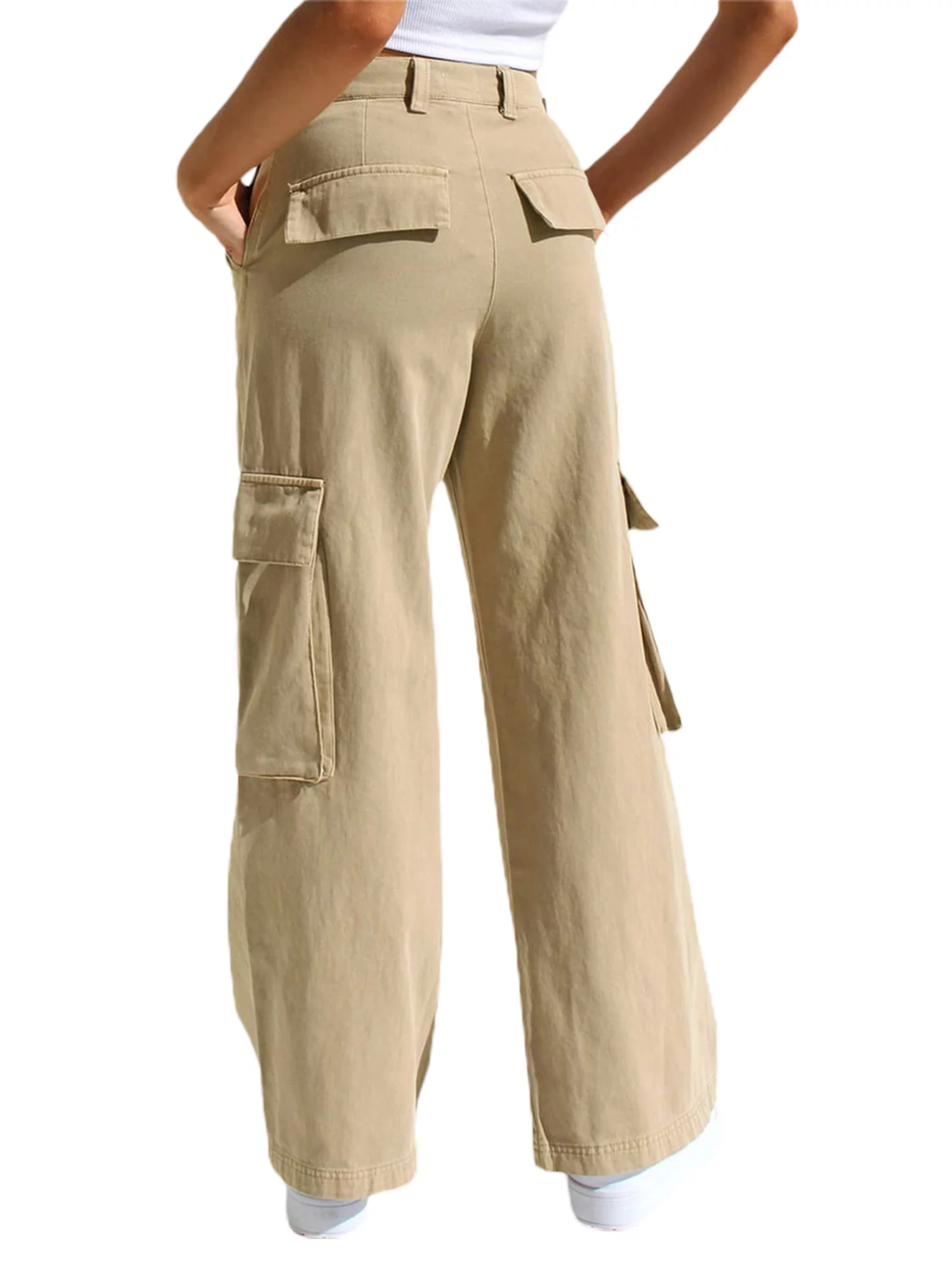 Peyakidsaa Women's Casual Cargo Trousers Solid Wide Leg Joggers Pockets Cargo Pants