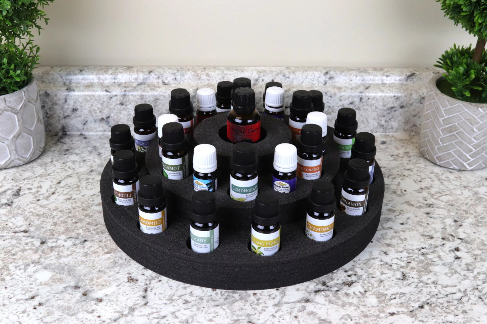 Polar Whale Essential Oil Storage Organizer 3 Tier Display Rack for Home Bathroom Bedroom Office Elegant Modern Durable Black Foam Holds 20 (5ml to 15ml), 6 (5ml) and 1 (30ml to 100ml) Bottles