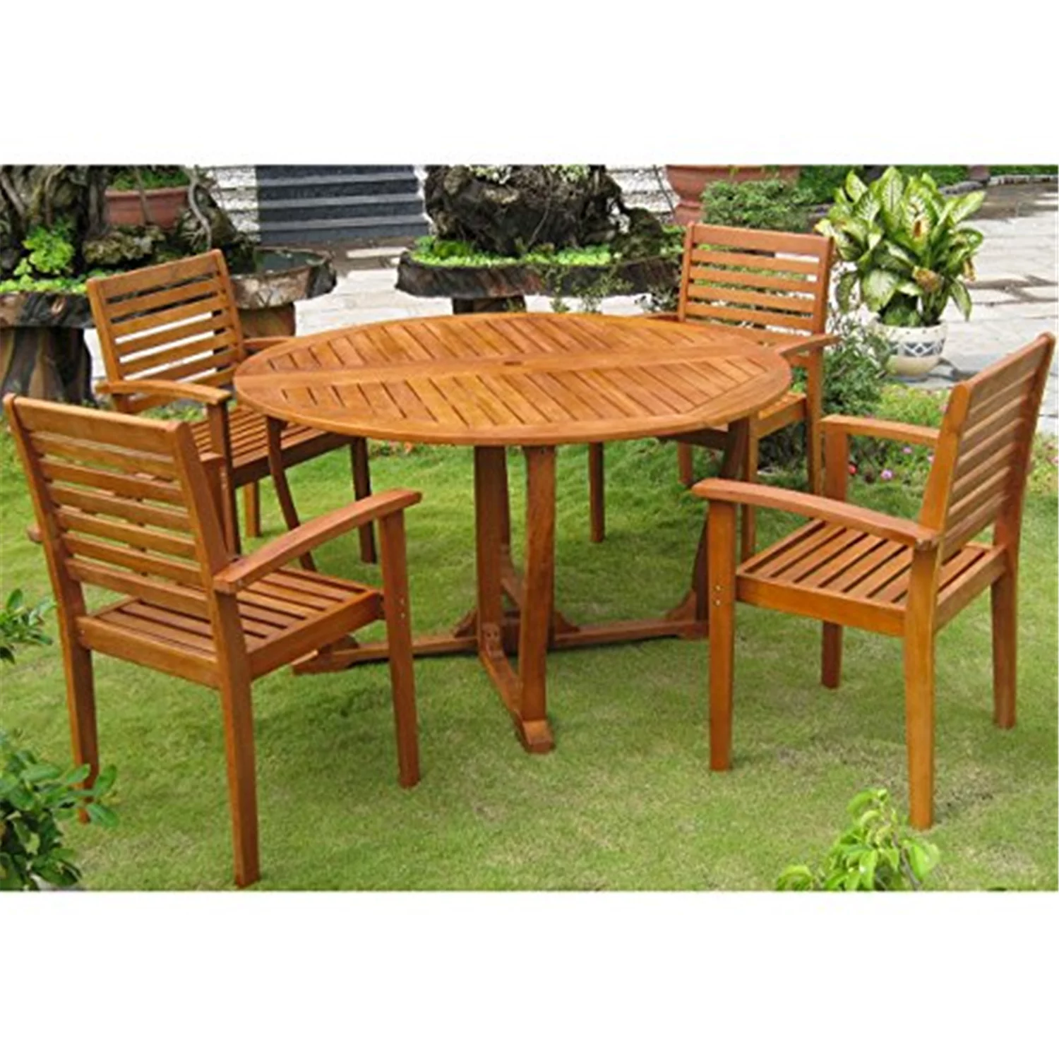 International Caravan Royal Tahiti Navata Round Dining Set-Color:Stain,Material:Balau Wood