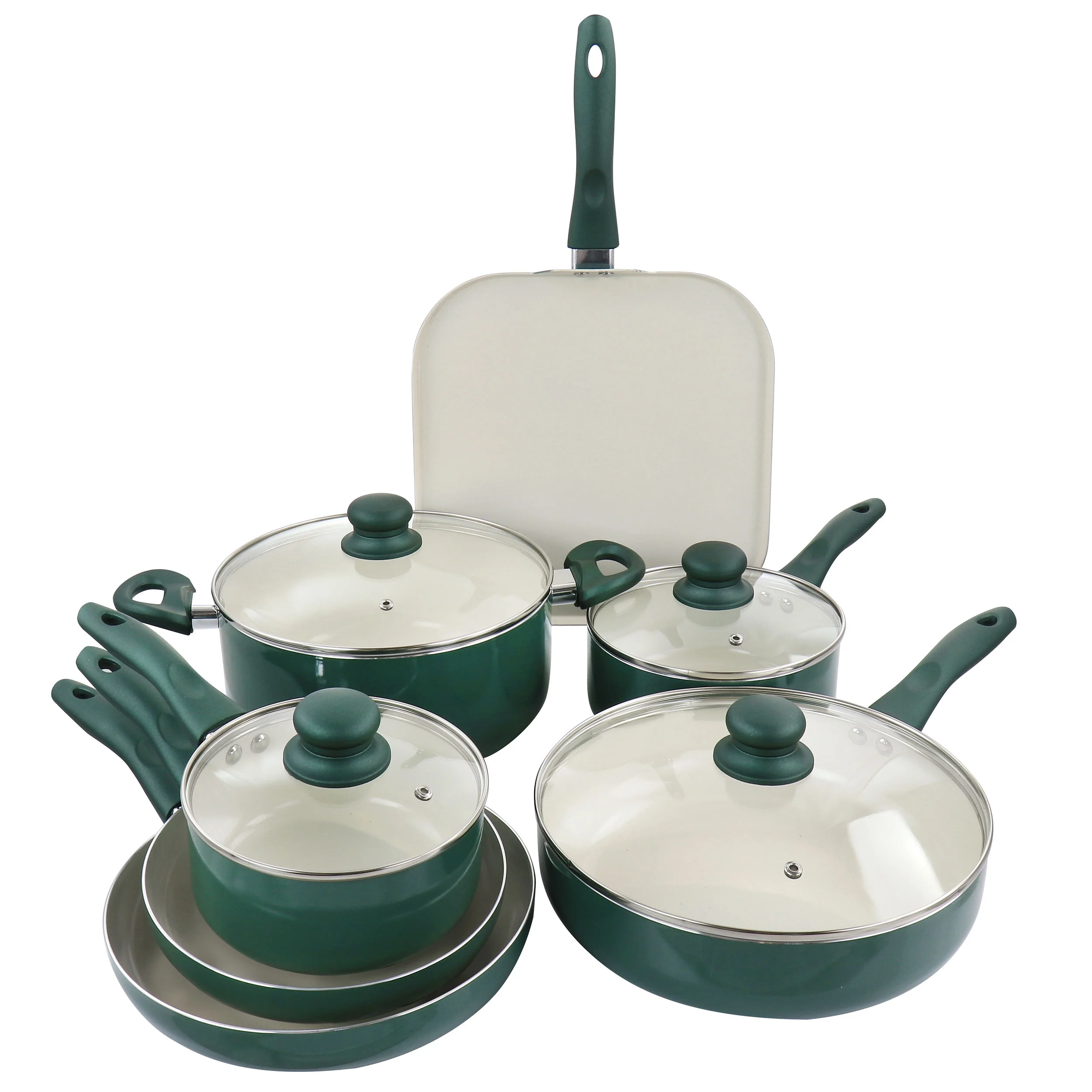 GBS Gazebo Ceramic Nonstick Aluminum 11 Piece Cookware Set in Green