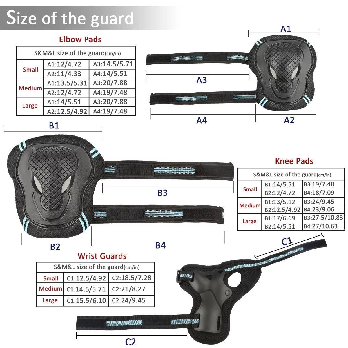 CoastaCloud Outdoors Sports Kid's Teens Childrens Adults 6PCS Wrist Elbow Knee Pads Cycling Blading Safety Skateboard Roller for Bicycle Gear Guard Inline Skating, Skateboard, Scooter