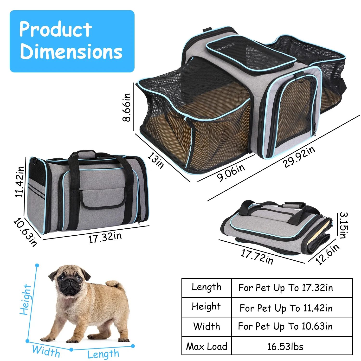 Expandable Pet Cat Carrier, iMounTEK Collapsible Soft Carrier Bag with Removable Fleece Pad Pockets Breathable Mesh Adjustable Shoulder Strap