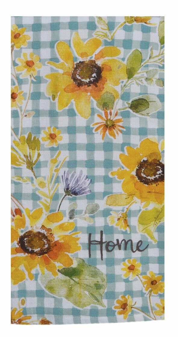 Set of 2 Sunflowers Forever HOME Blue Check Kitchen Towels by Kay Dee Designs