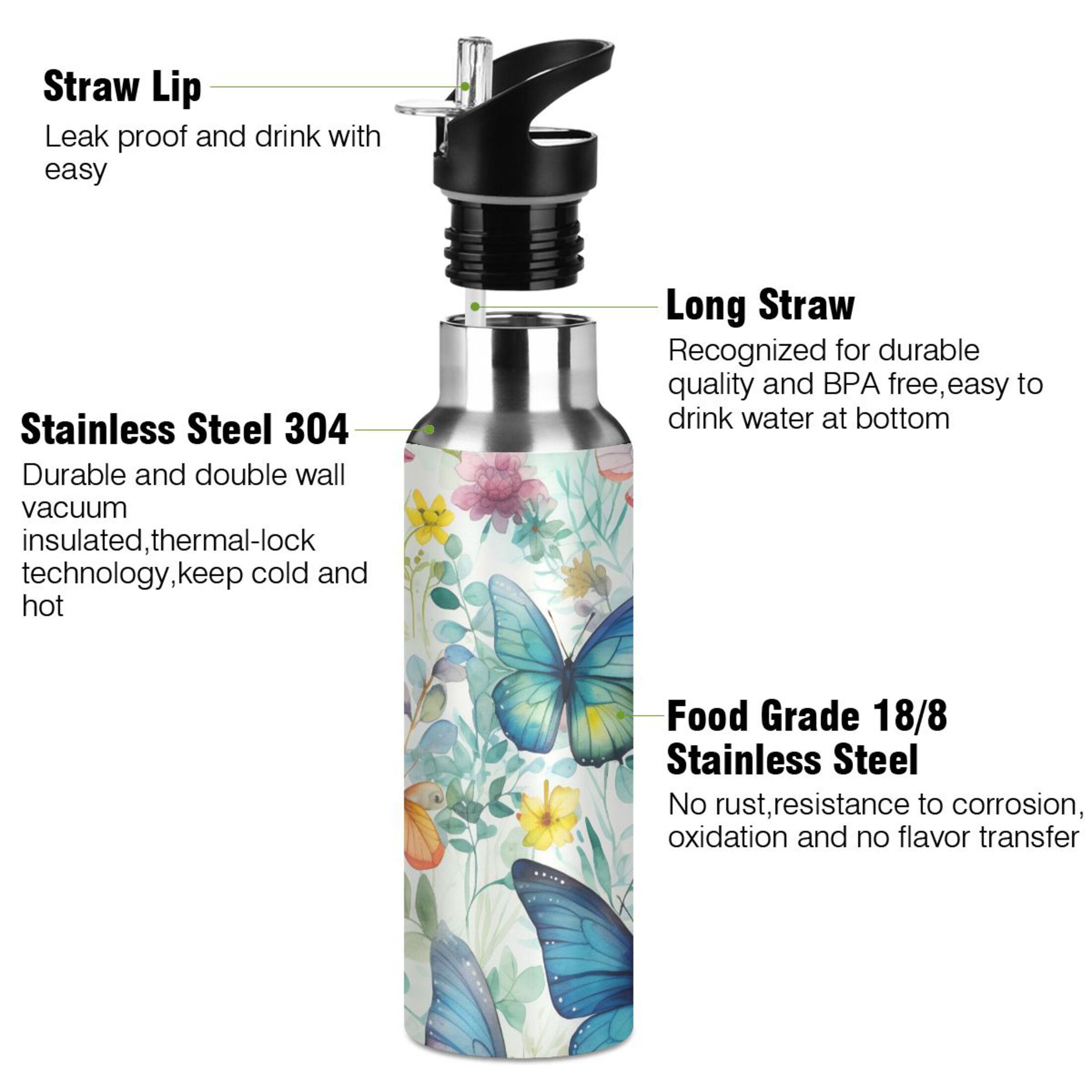 Butterfly Floral Water Bottles Insulated Thermos Kids Stainless Steel Bottle with Straw Lid Flask Leakproof for Sports Gym 20 oz