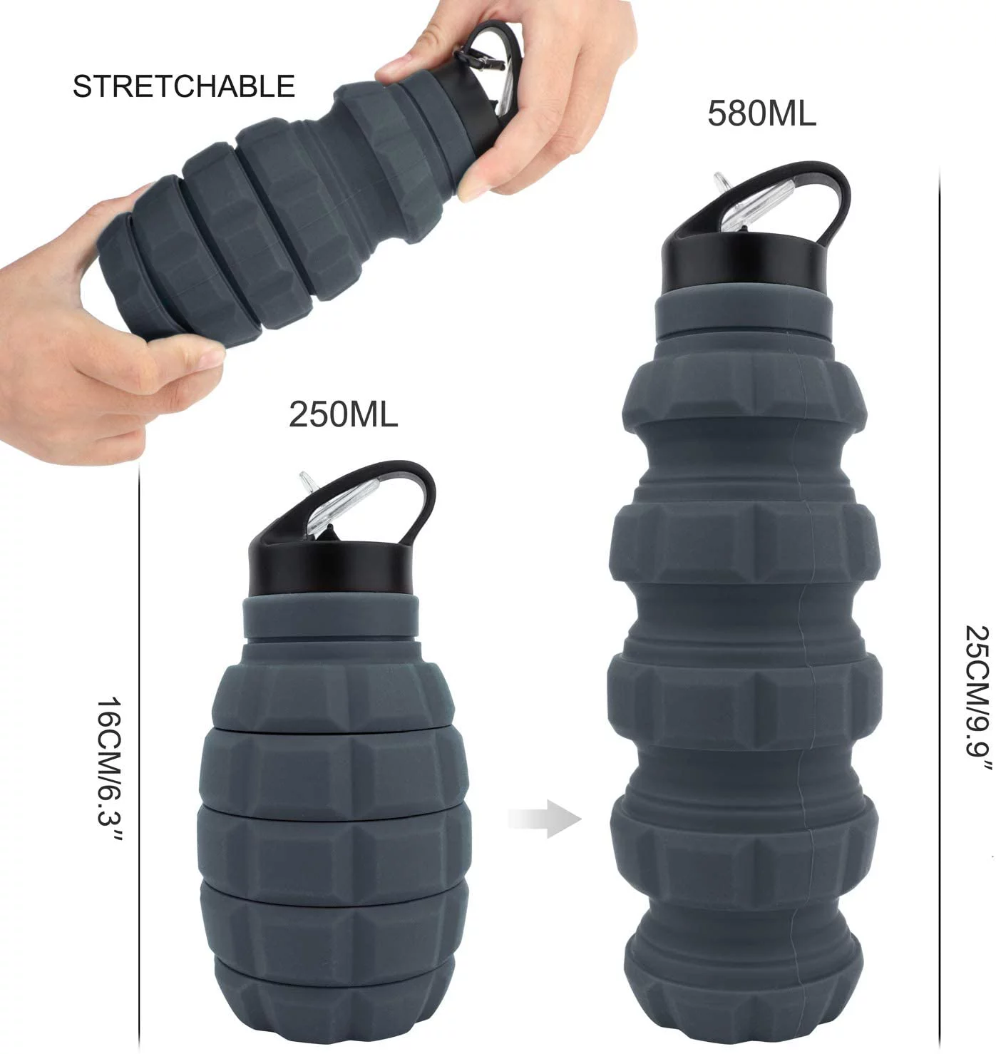 PenghaiYunfei Collapsible Travel Water Bottle18oz, Reuseable Silicone Foldable Water Bottles for Gym Camping Hiking, Portable Leak Proof Sports Water Bottle with Carabiner (Dark gray)