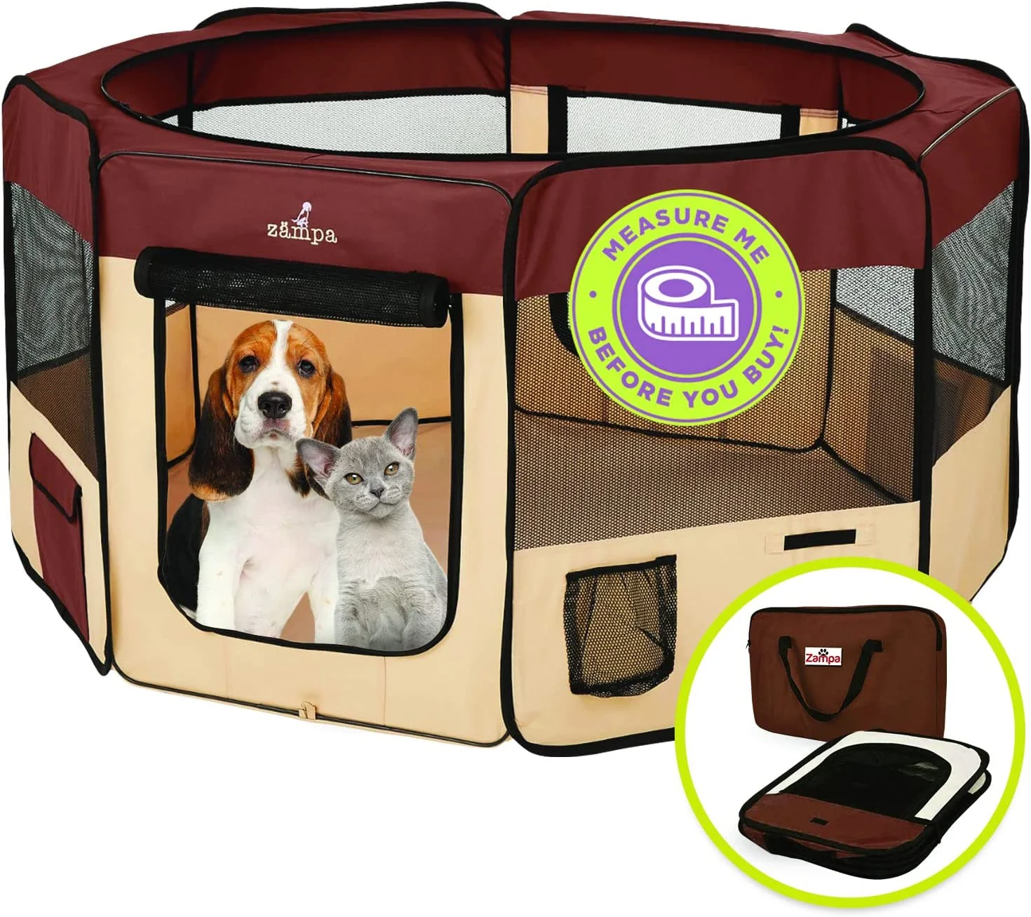 Zampa Portable Foldable Pet playpen Exercise Pen Kennel + Carrying Case for Larges Dogs Small Puppies/Cats | Indoor/Outdoor Use | Water Resistant