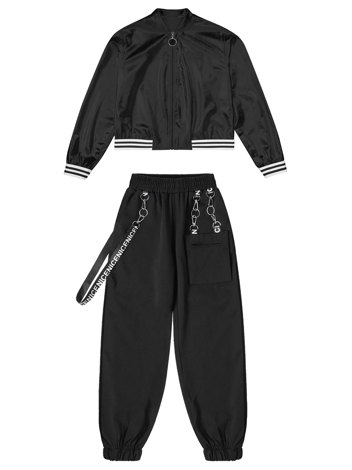 renvena Girls 2Pcs Shiny Hip Hop Dance Outfits Zipper Jacket with Cargo Jogger Pants Sports 6-16 Black 8