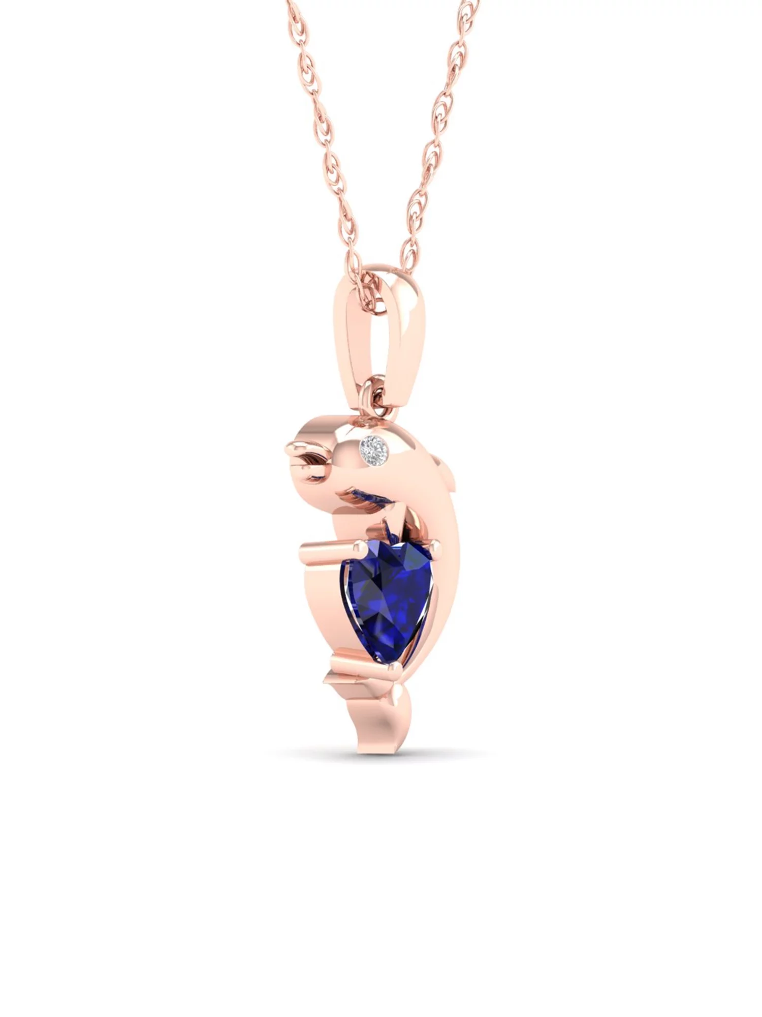 Imperial Gemstone 14k Rose Gold Plated Silver Created Blue Sapphire and Diamond Gender Reveal Dolphin Necklace