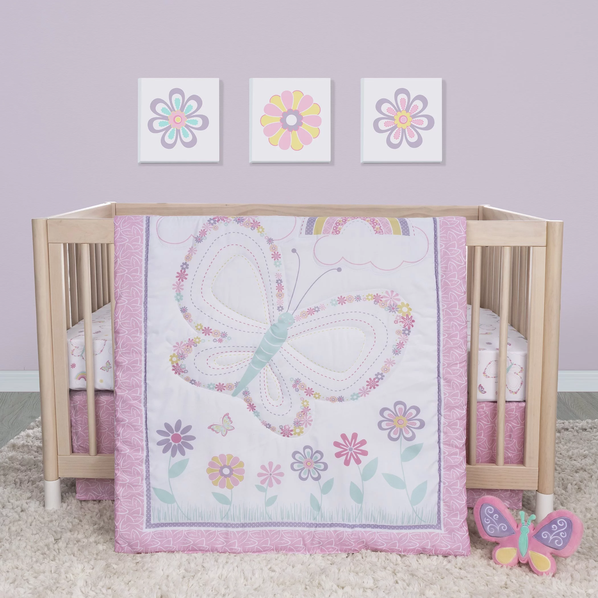 Sammy & Lou Floral Butterfly 4 Piece Crib Bedding Set for Girl, Infant, 100% Microfiber, Butterfly Character