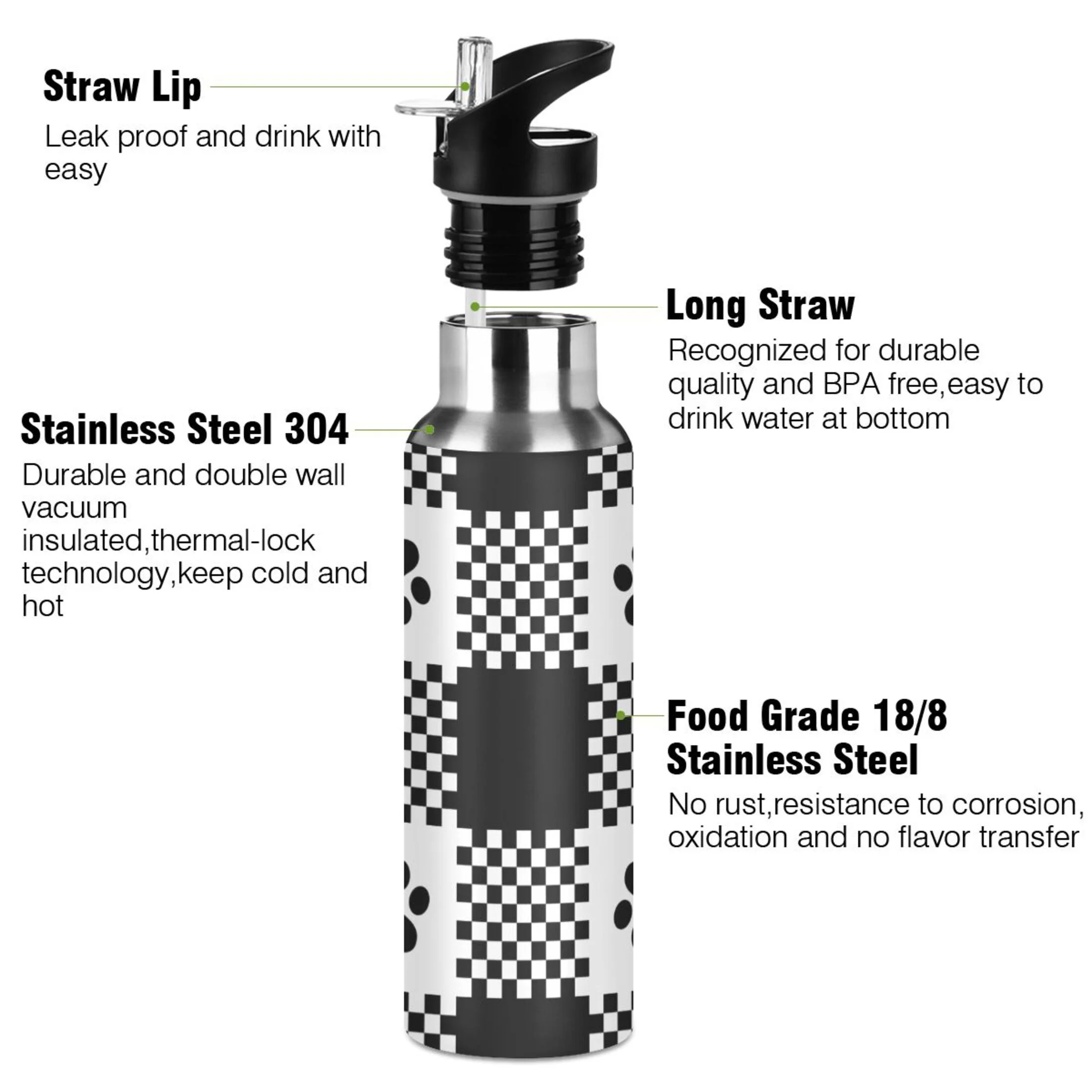 Footprint with Checked Water Bottles Insulated Thermos Kids Stainless Steel Bottle with Straw Lid Flask Leakproof for Sports Gym 20 oz