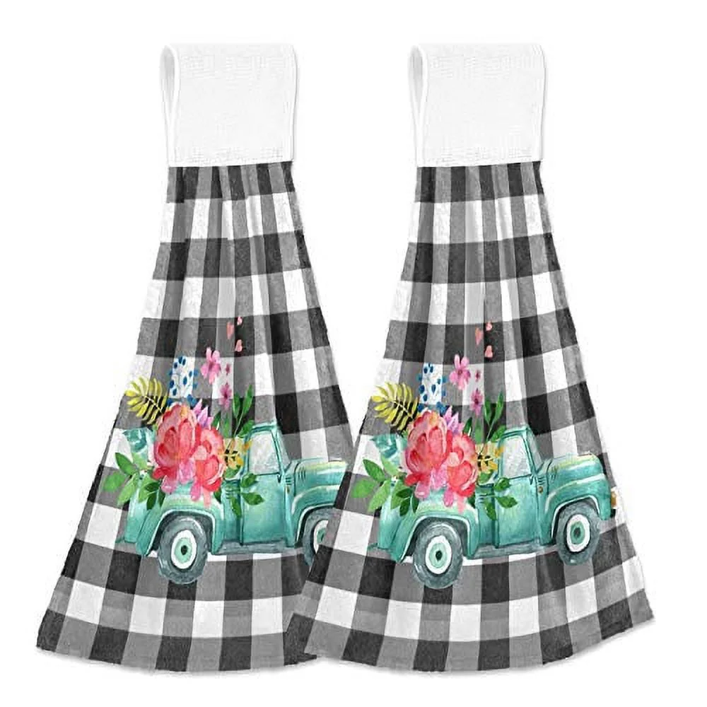 Turquoise Truck Rose Hanging Kitchen Towels 2 Pieces Spring Floral Black White Buffalo Check Plaid Dish Cloth Tie Towels Hand Towel Tea Bar Towels for Bathroom Farmhouse Housewarming Tabletop Home