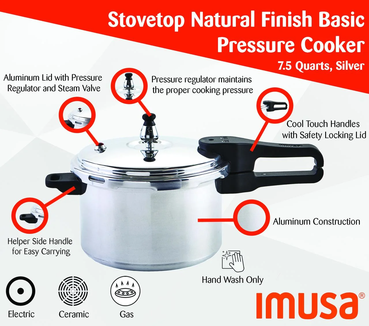 Imusa 7 Quart Stovetop Natural Finish Basic Pressure Cooker, Silver