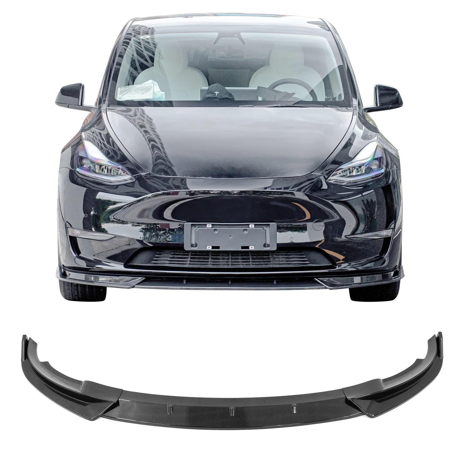 Ikon Motorsports Compatible with 20-23 Tesla Y 3PCS Front Bumper Lip Spoiler IKON Style PP Carbon Fiber Print