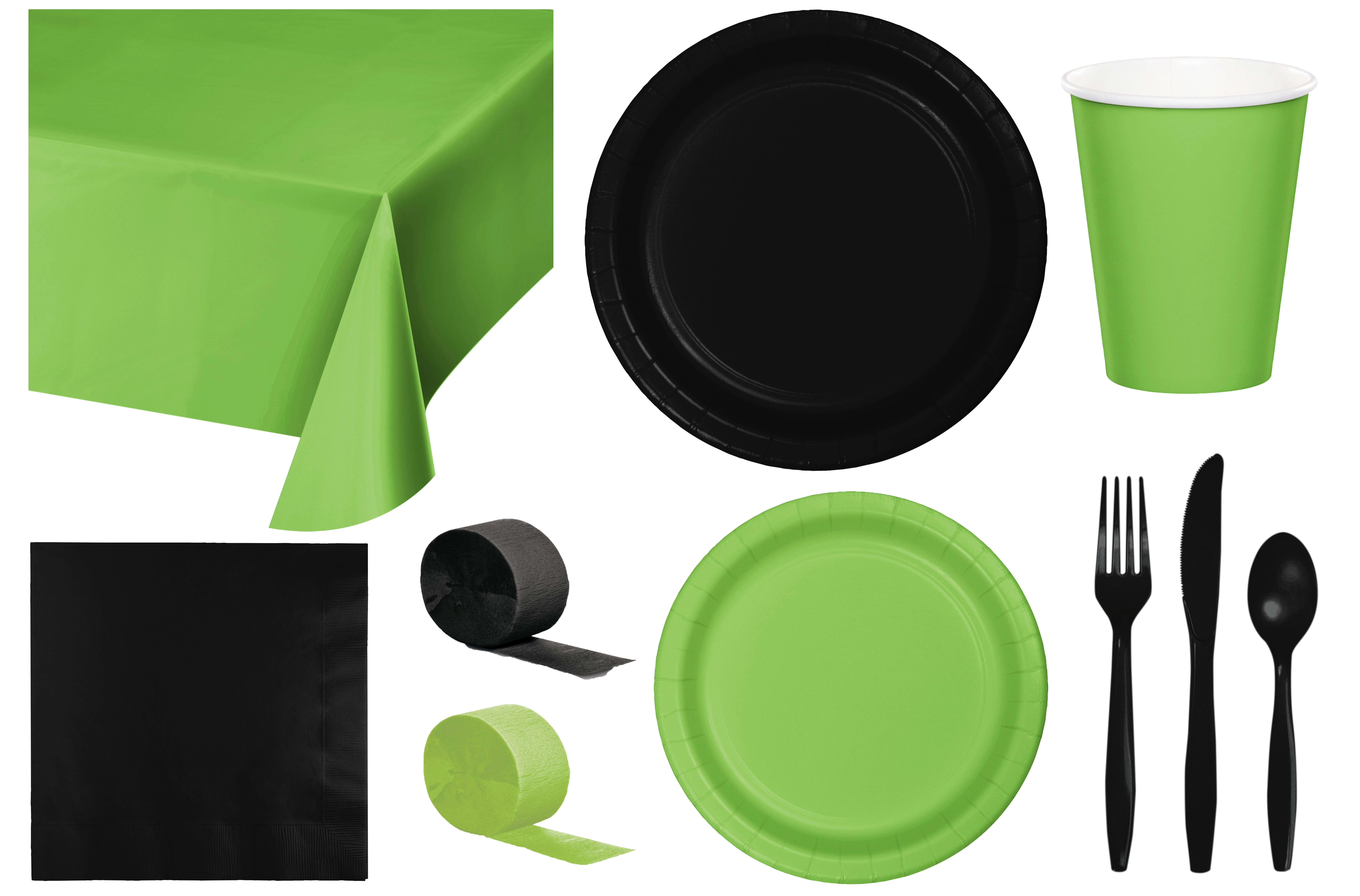 Baxters Party Bundle Bulk, Tableware for 24 People Lime Green and Black, 2 Size Plates Napkins, Paper Cups Tablecovers and Cutlery, Box of 199
