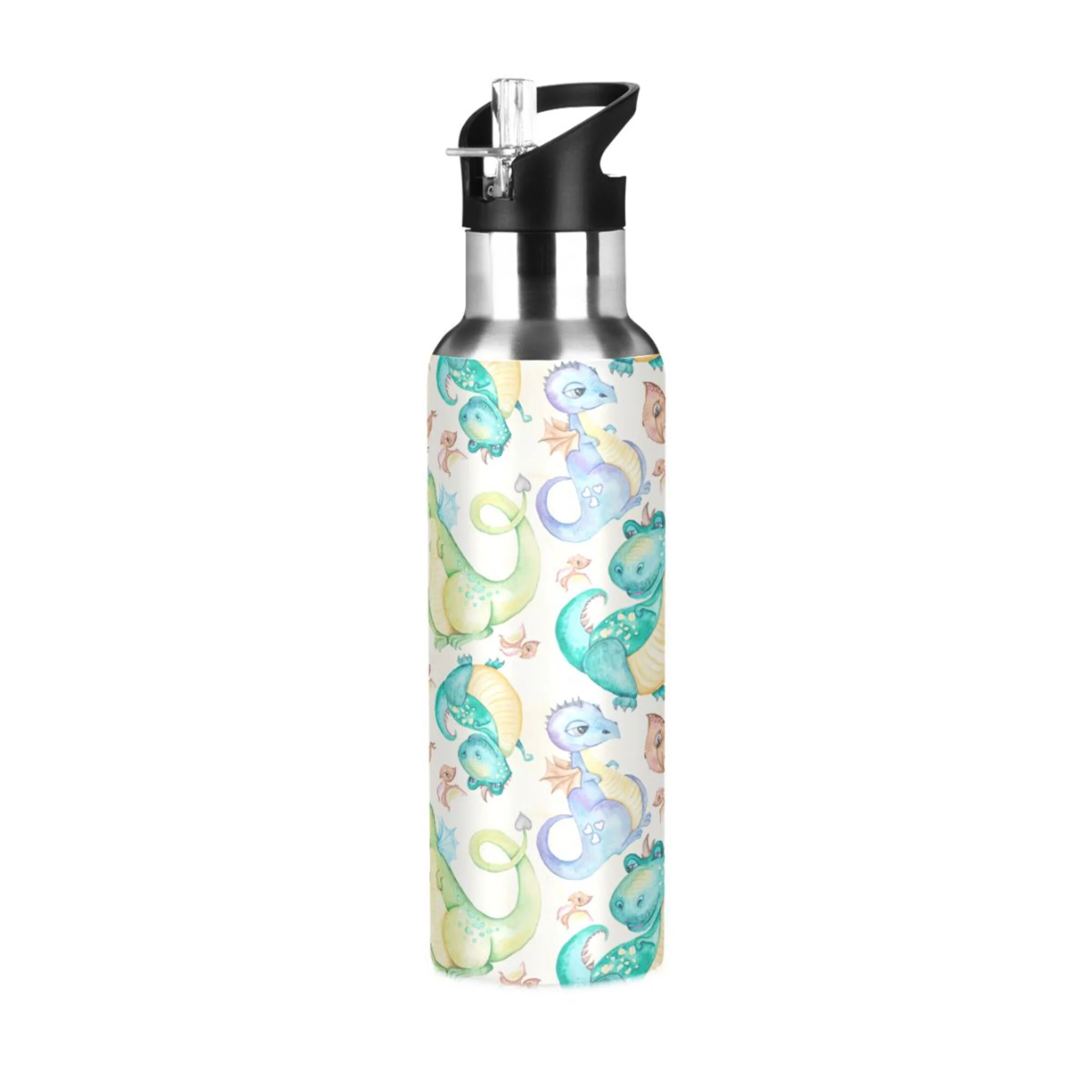 Stainless Steel Water Bottle Dinosaurs T-rexs Dragon with Straw Lid Vacuum Insulated Keeps Hot and Cold Leak Proof Flask Jug for Gym Travel Sports Cycling Outdoor 20 OZ