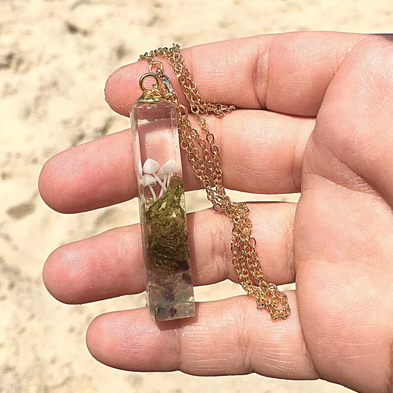 Mushroom necklace terrarium moss jewelry cube resin pendant gold plated mushroom handmade jewelry