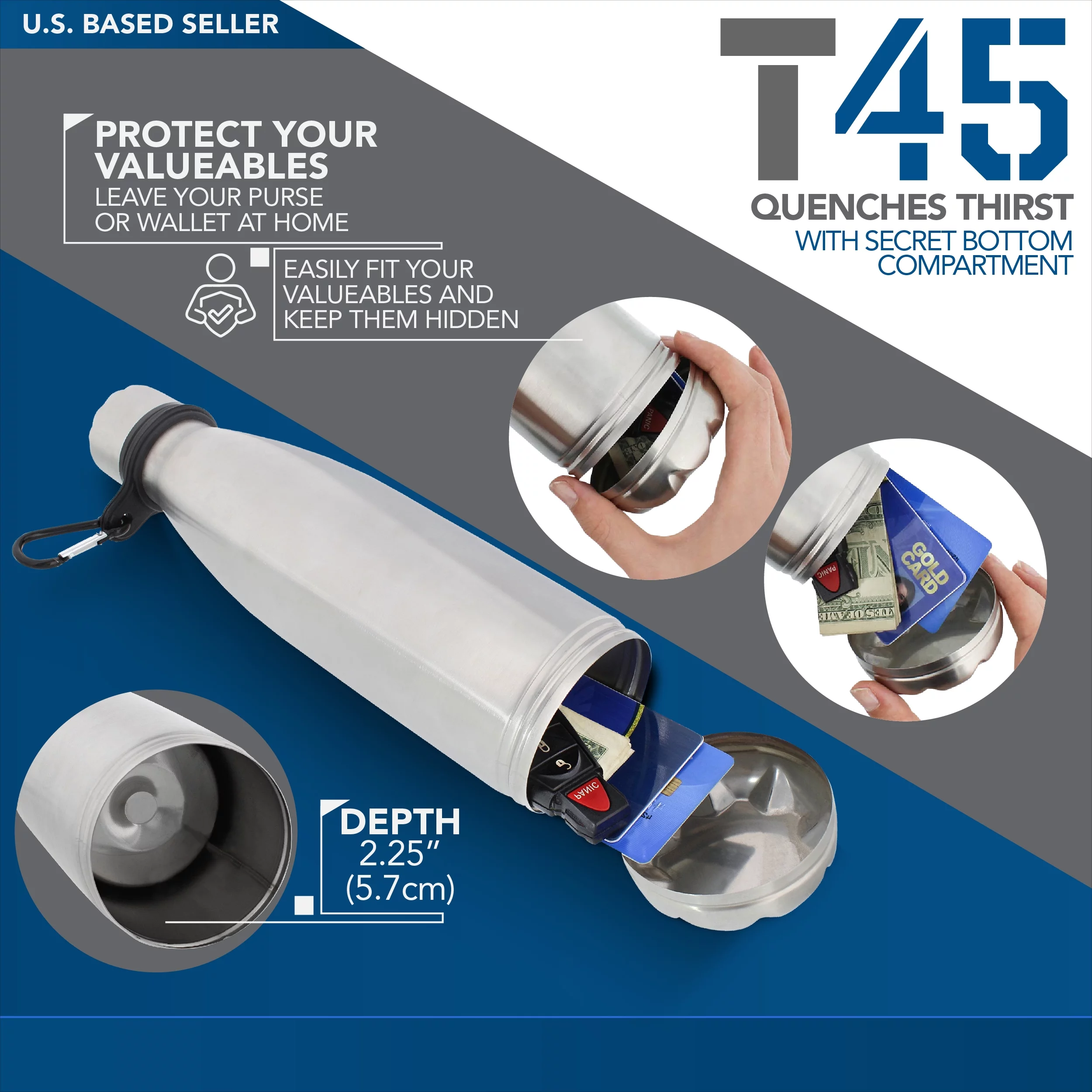 Tactical45 Stainless Steel Water Bottle Reusable Water Bottle with Hidden Bottom