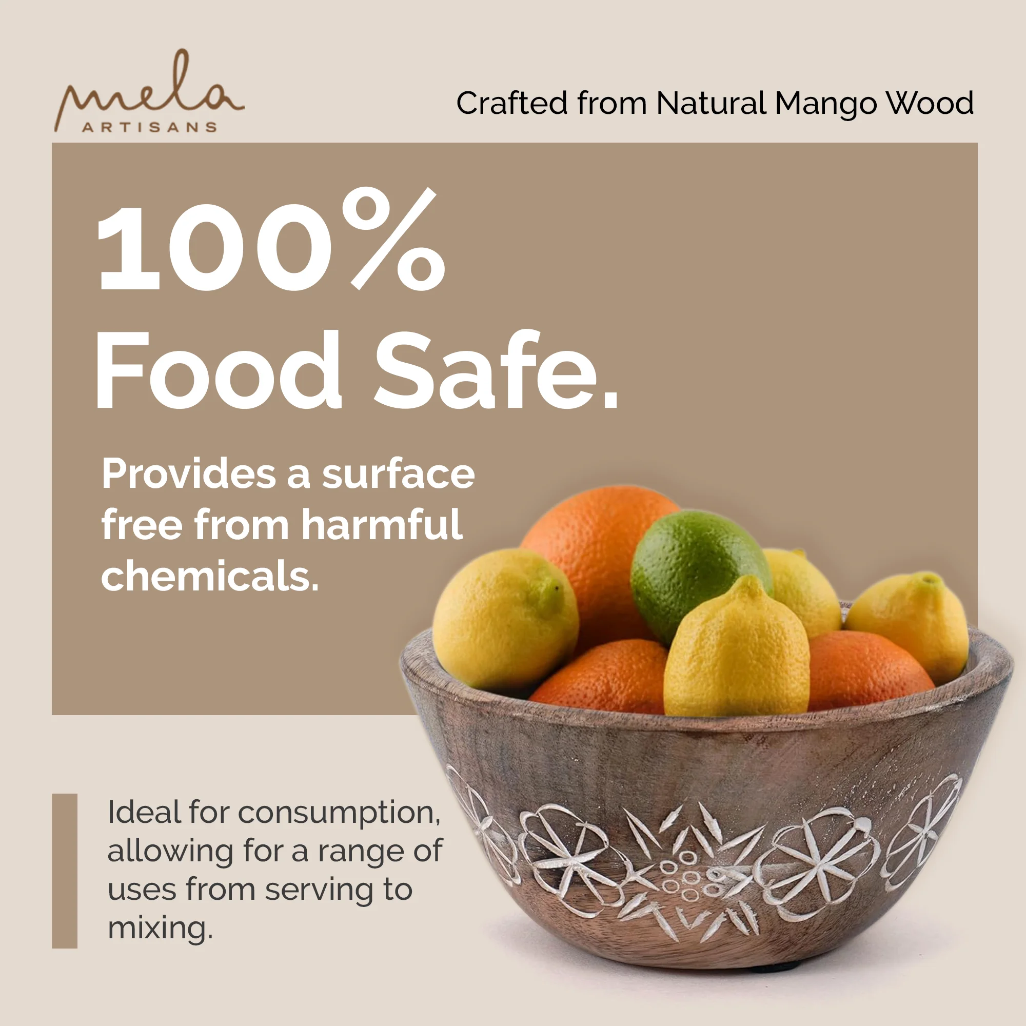 Mela Artisans Hand Carved Small Wooden Serving Bowl - Natural Over White, 6