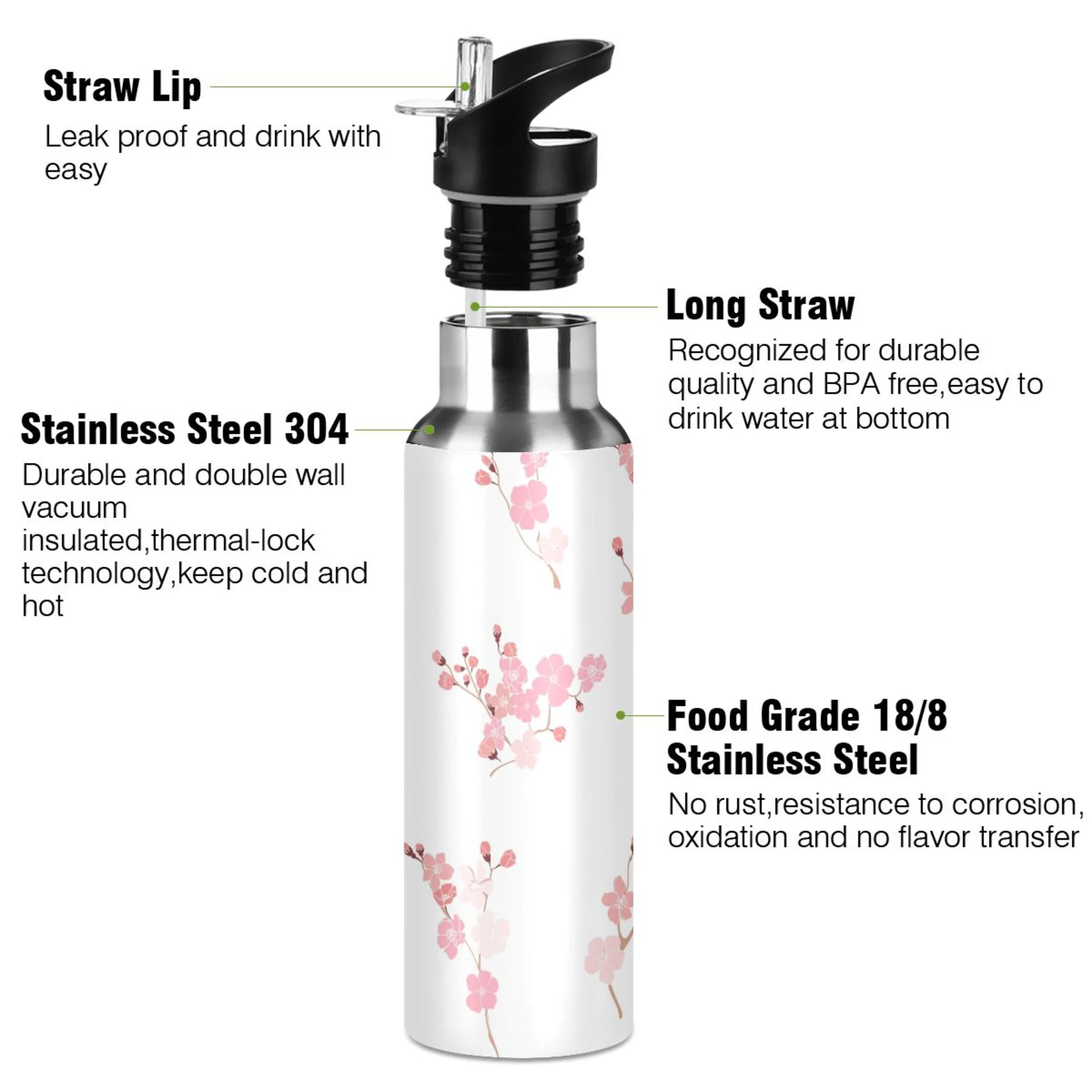 Water Bottle with Straw Lid Leak Pink Flowers Cherry Floral Branch Stainless Steel Insulated Thermos Vacuum Flask for Cold Hot Drinking for Sports Camping Gym Yoga