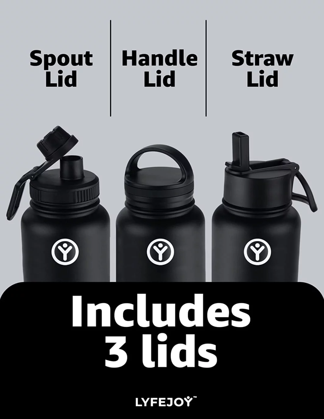 Lyfejoy Double Stainless Steel Insulated 32oz Water Bottle with Included Leak Proof Wide Mouth Lid, Straw Lid and Spout Lid - Vacuum Insulated, Dishwasher Safe, BPA-Free, Non-ToxicLid, Spout Lid, and