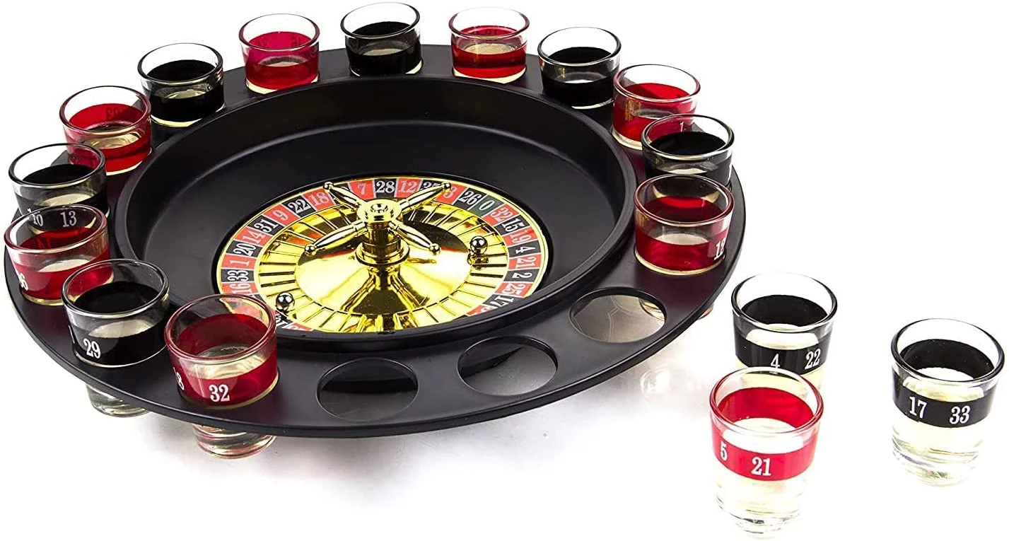 Game Night, Round, Shot Glass Roulette Drinking Game Set - 16 Shot Glasses, 2 Balls, 11.75