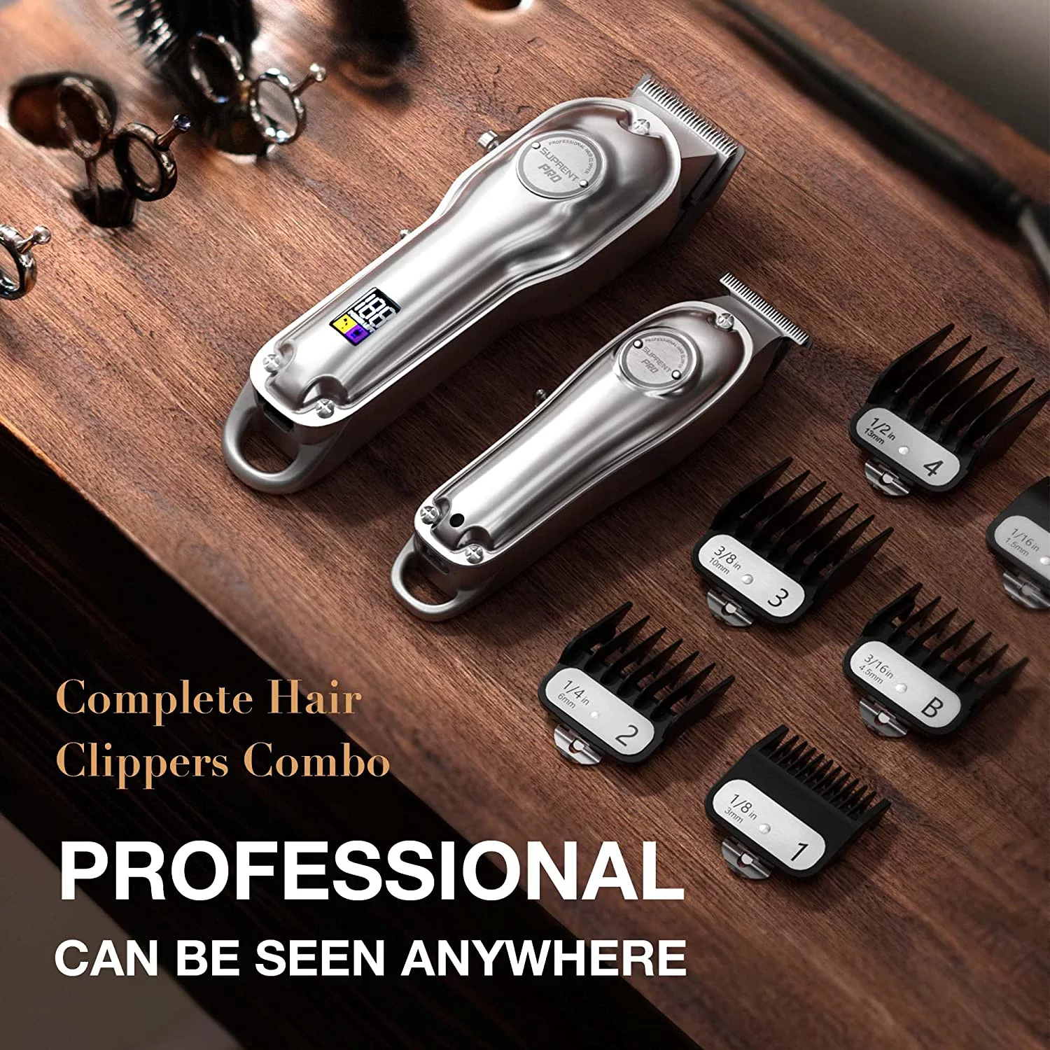 SUPRENT® Professional Hair Clippers for Men, Hair Cutting Kit & Zero Gap T-Blade Trimmer Combo, Cordless Barber Clipper Set with LED Display (Silver)
