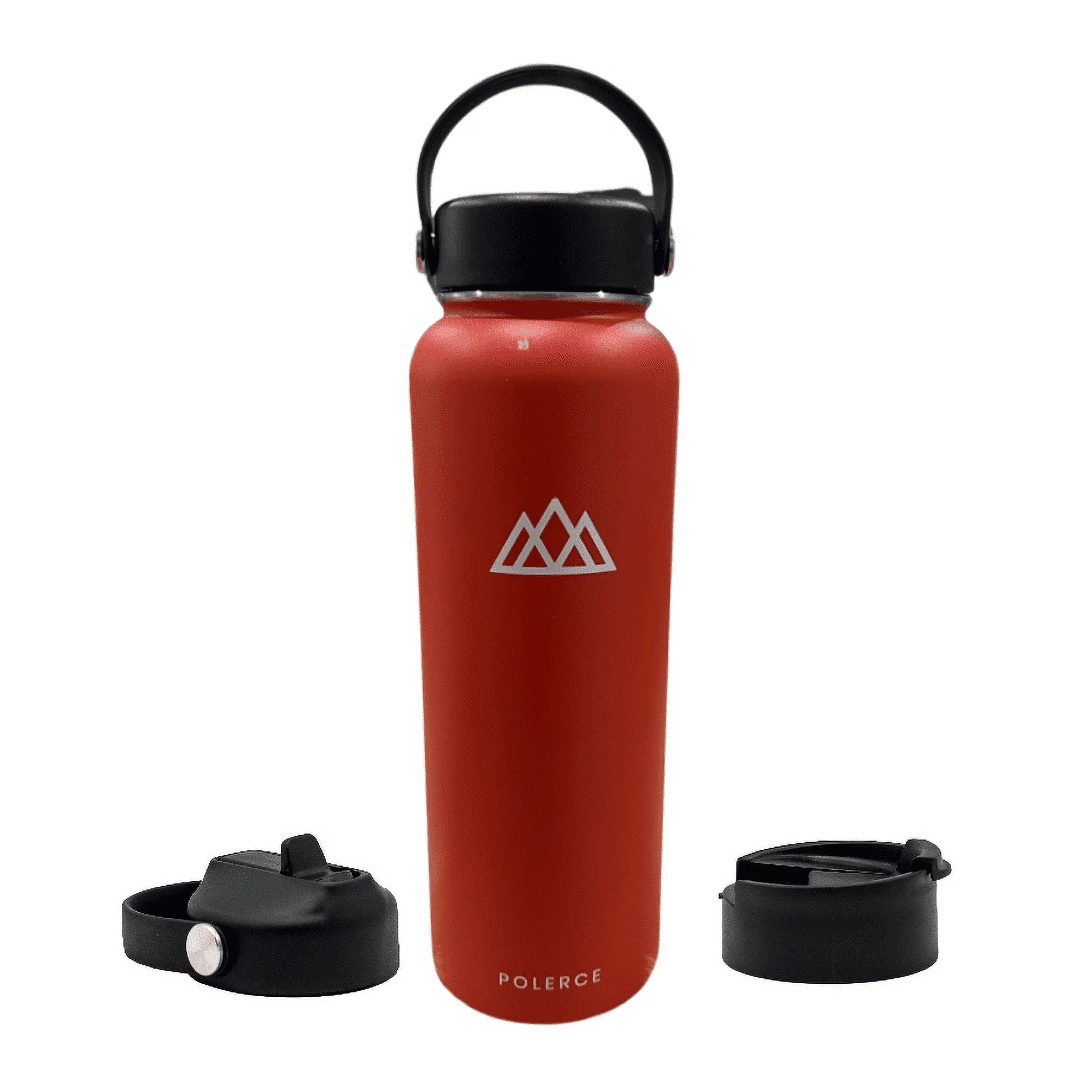 Stainless Steel Double Wall Thermally Insulated Flask - 40 fl oz Red Vacuum Insulated Bottle with 3 Lids by Polerce