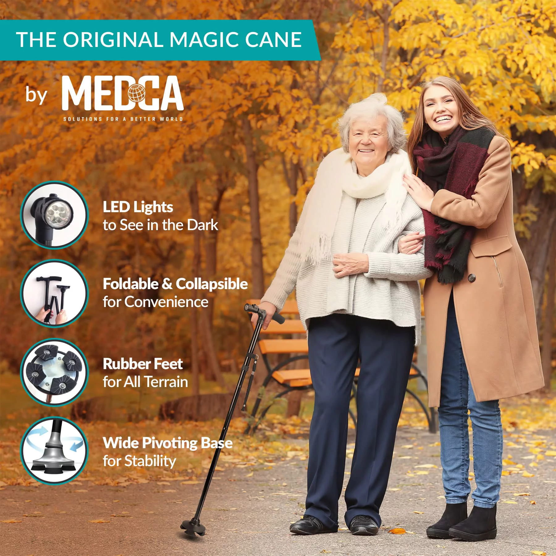 MEDca Folding Cane Led Light Original Magic Adjustable Collapsible Rubber feet for Birthday, Unisex