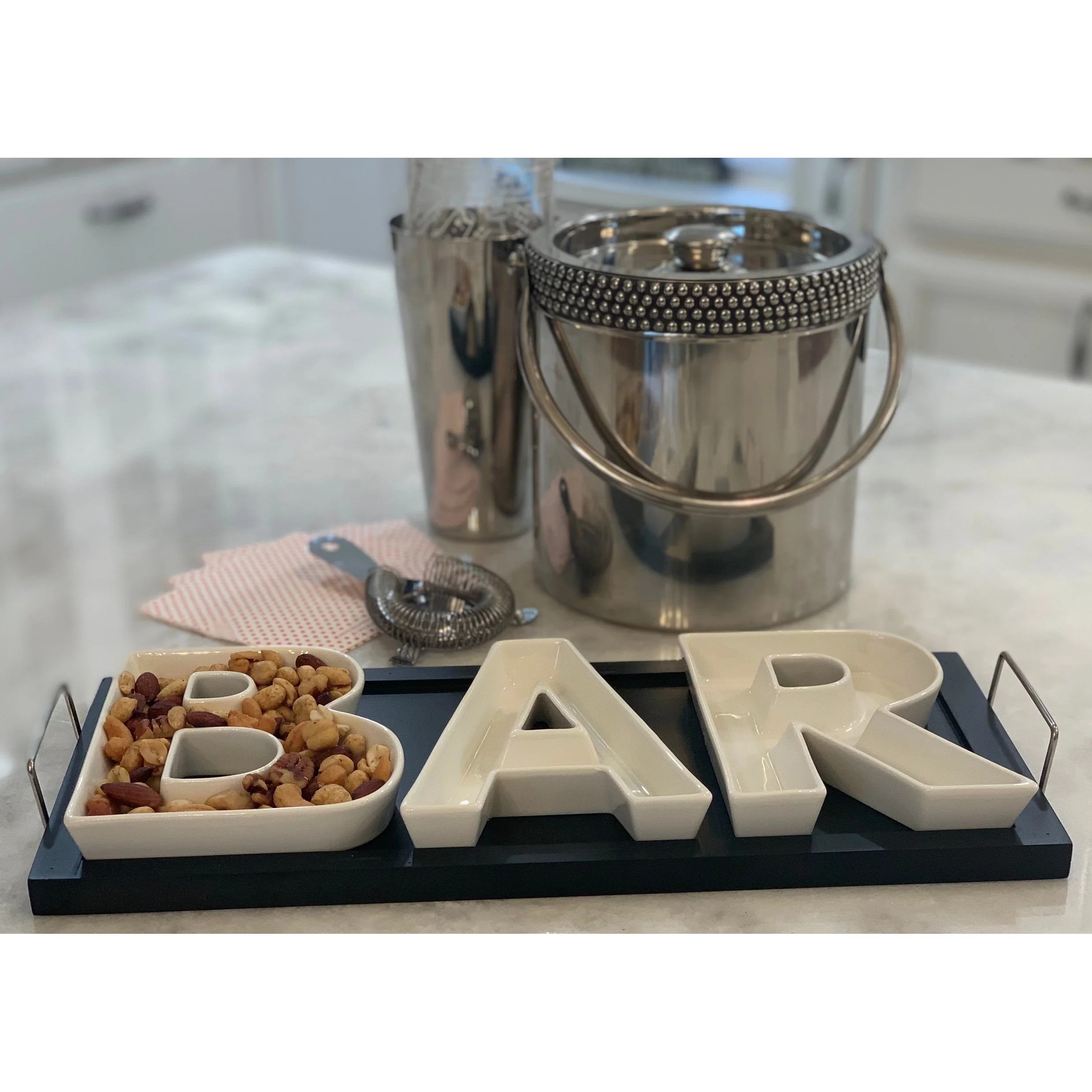 Red Vanilla  'BAR' Serving Dishes with Wooden Tray White