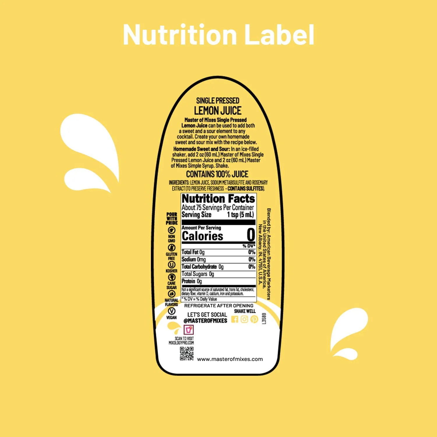 Master of Mixes Cocktail Essentials Single Pressed Lemon Juice, 375 ML Bottle (12.7 Fl Oz), Individually Boxed