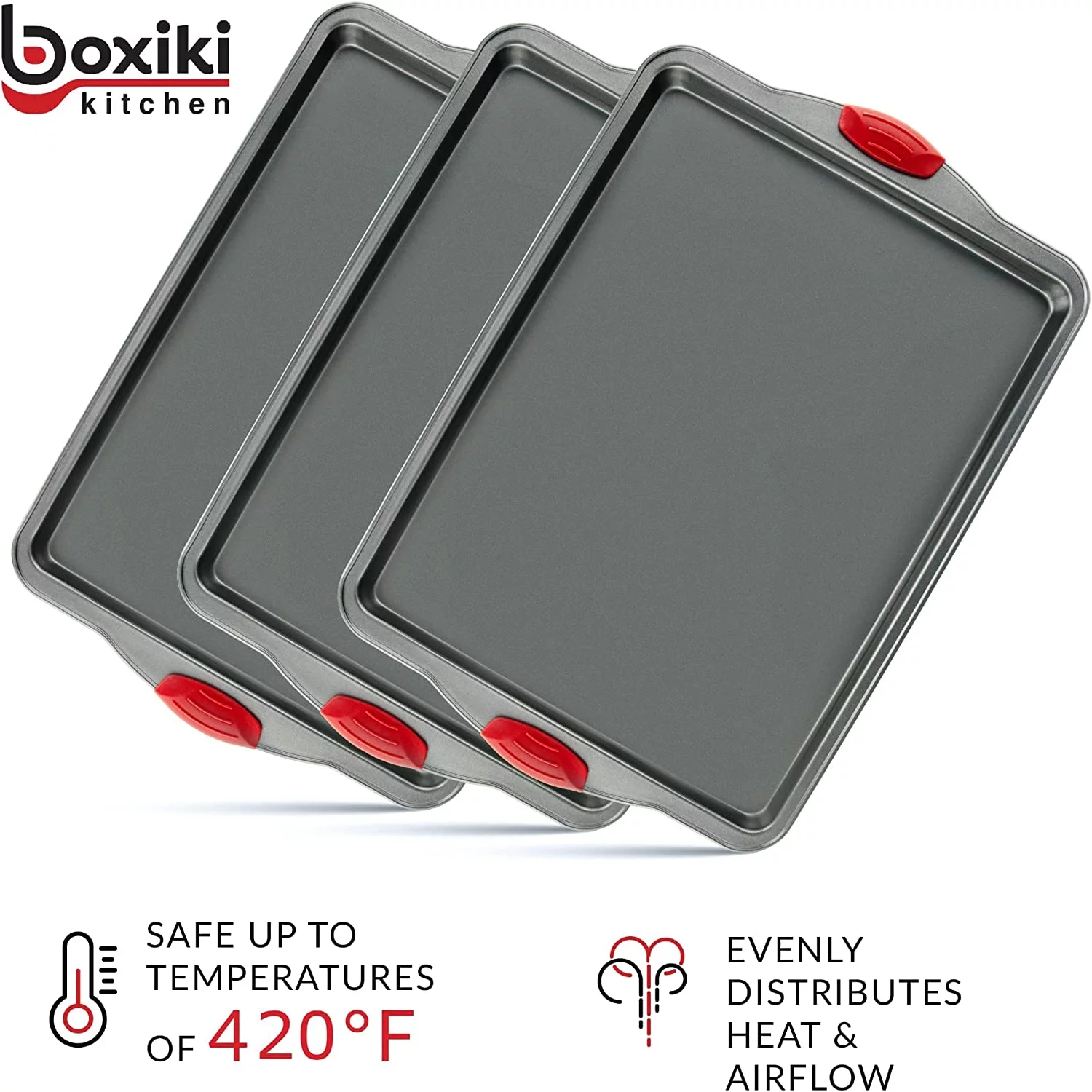 Baking Sheet Set Nonstick, 3-Piece by Boxiki Kitchen | Non-Stick Steel Commercial Bakers Sheet Pans | Cookie Baking Molds With Silicone Handles