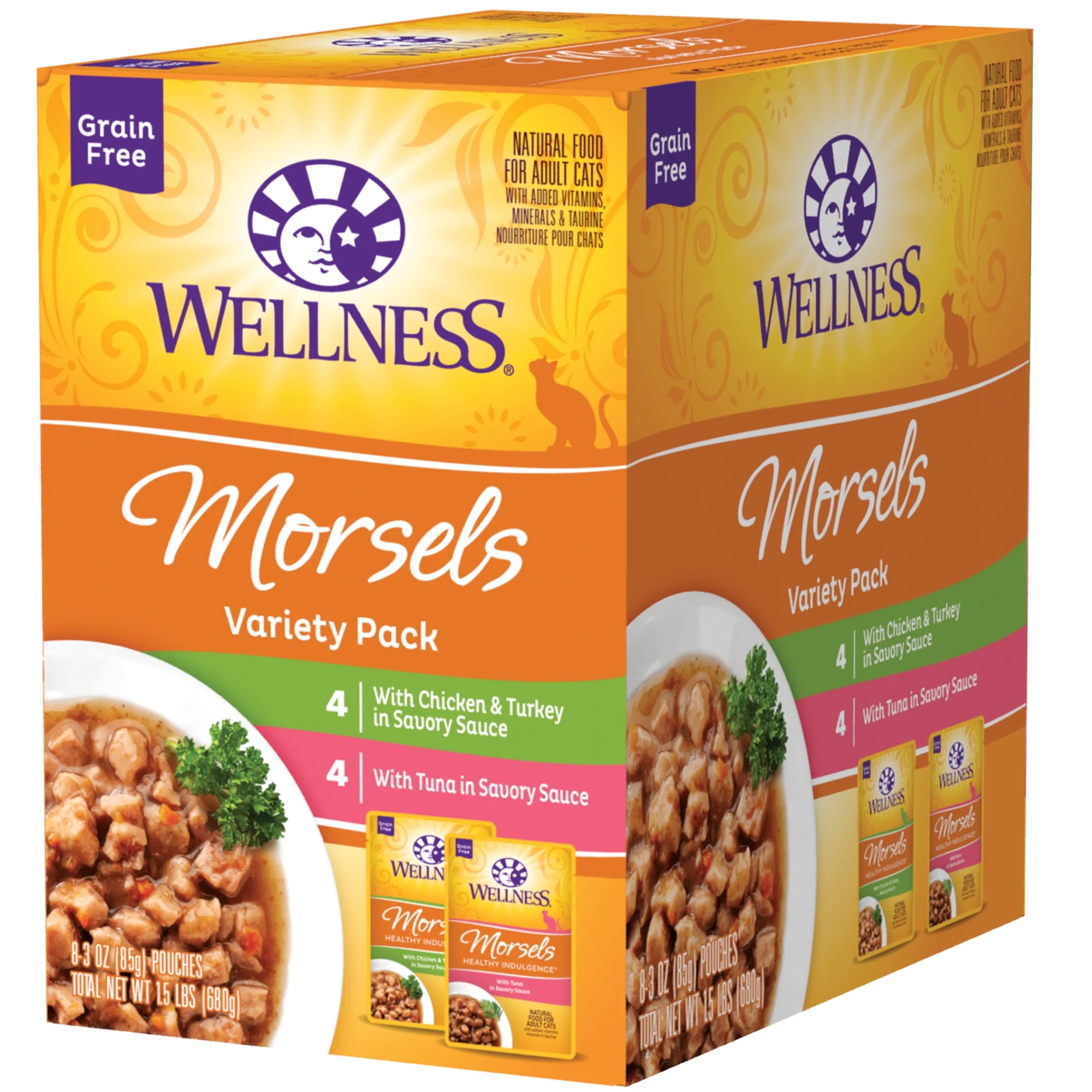 Wellness Healthy Indulgence Natural Grain Free Wet Cat Food Morsels Variety Pack, 3-Ounch Pouch (Pack of 24)
