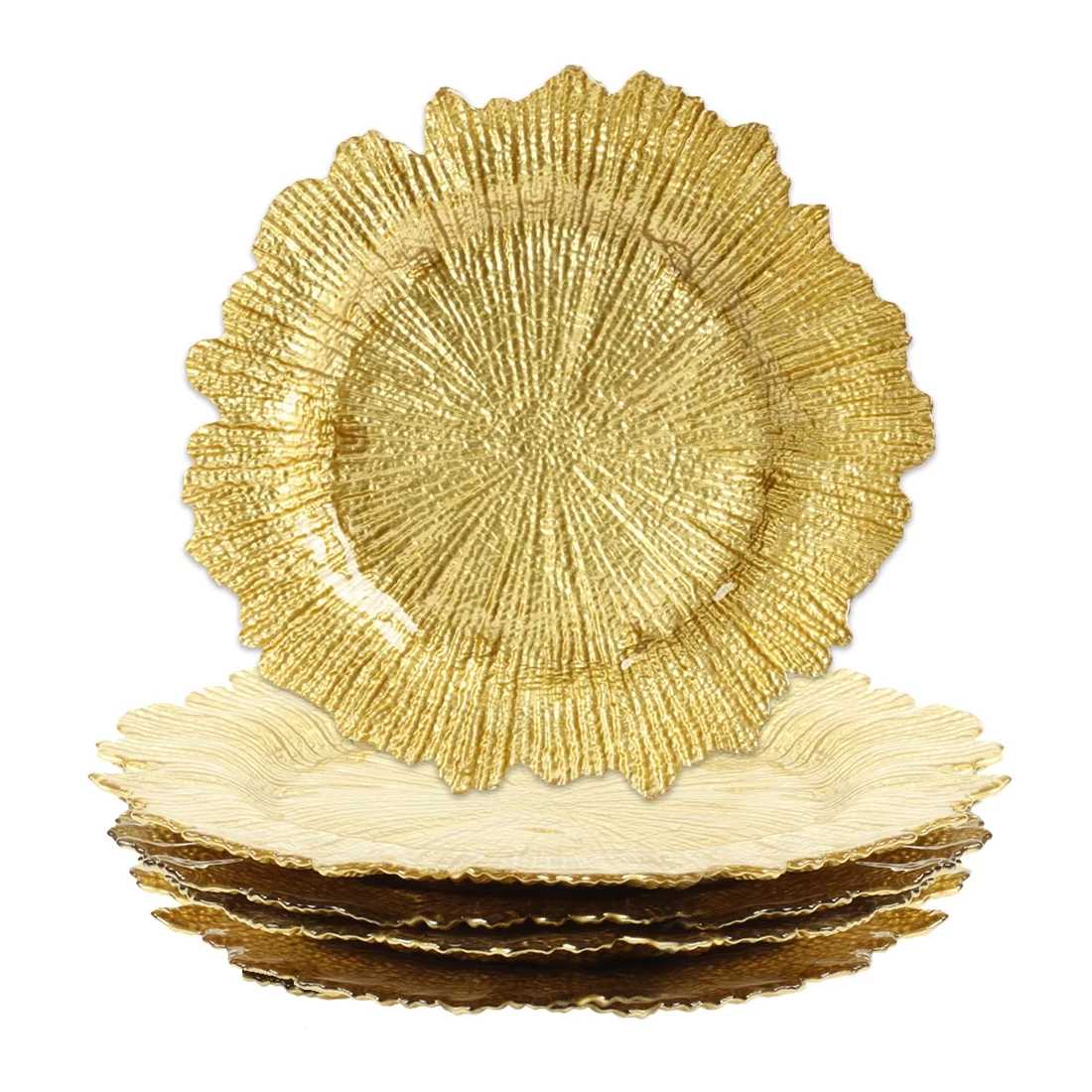 Koyal Wholesale Bulk Flora Glass Charger Plates, Set of 4, Gold, Starburst Charger Plates, Reef Charger Plates