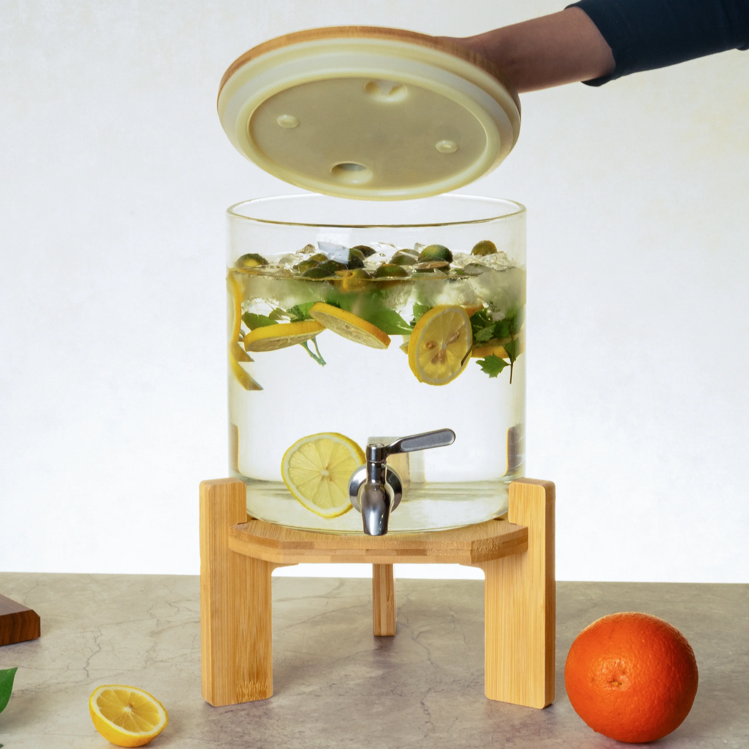 L'ÉPICÉA 5L Glass Drink Dispenser with Stand,Beverage Dispenser with Wooden Stand, Stainless Spigot